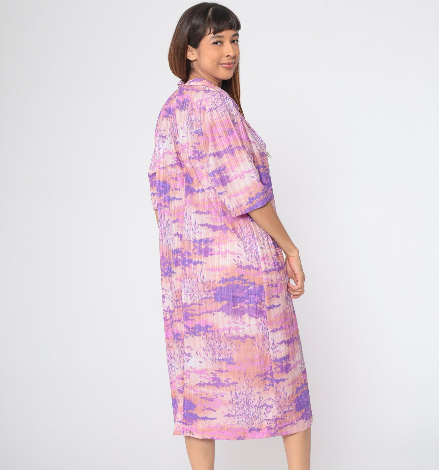 70s Psychedelic Midi Dress Abstract Tree Cloud Print Ascot Tie Short Sleeve Purple Pink Large L