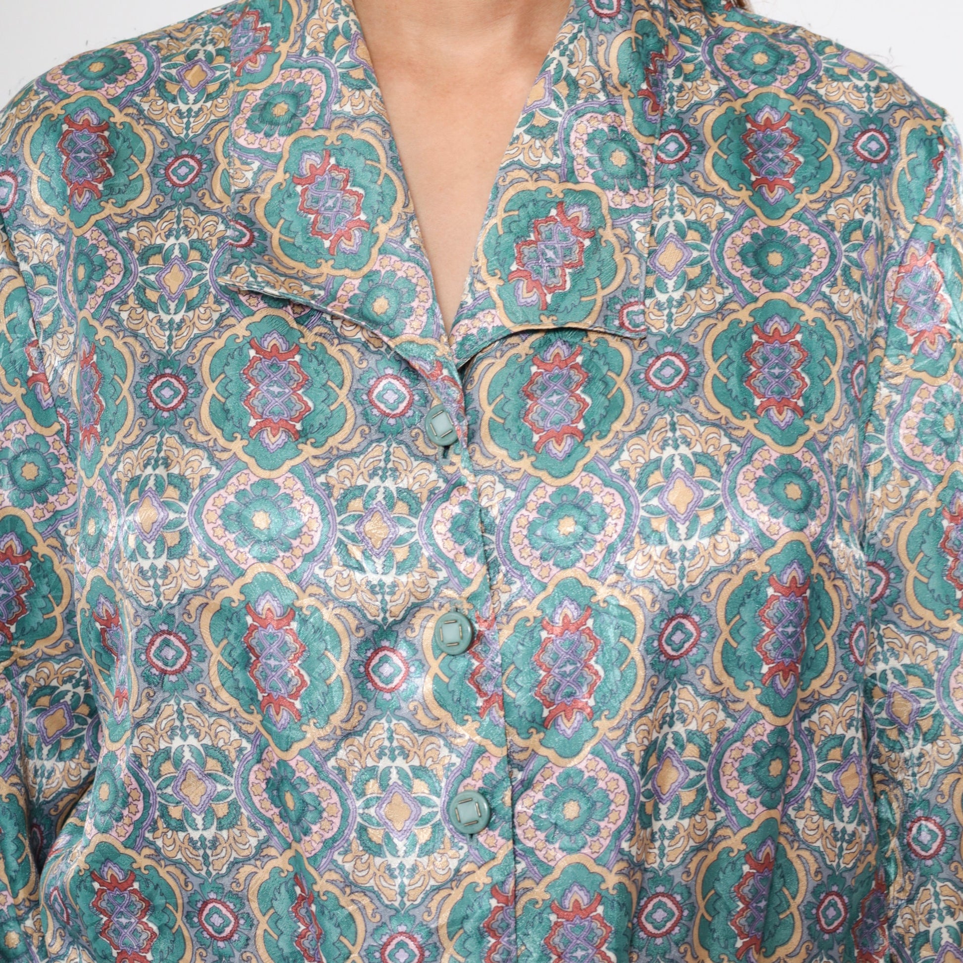 80s Shirtwaist Midi Dress Floral Mandala Print High Waisted Pleated Medium