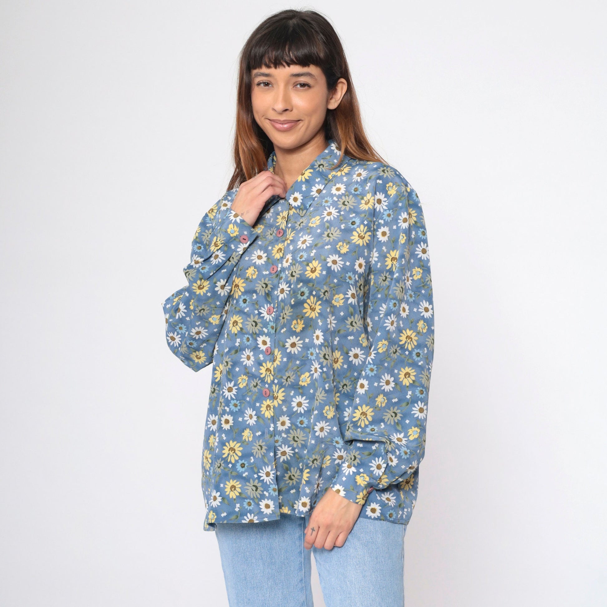 90s Blue Floral Button-Up Blouse Long Sleeve Collared Shirt Extra Large XL