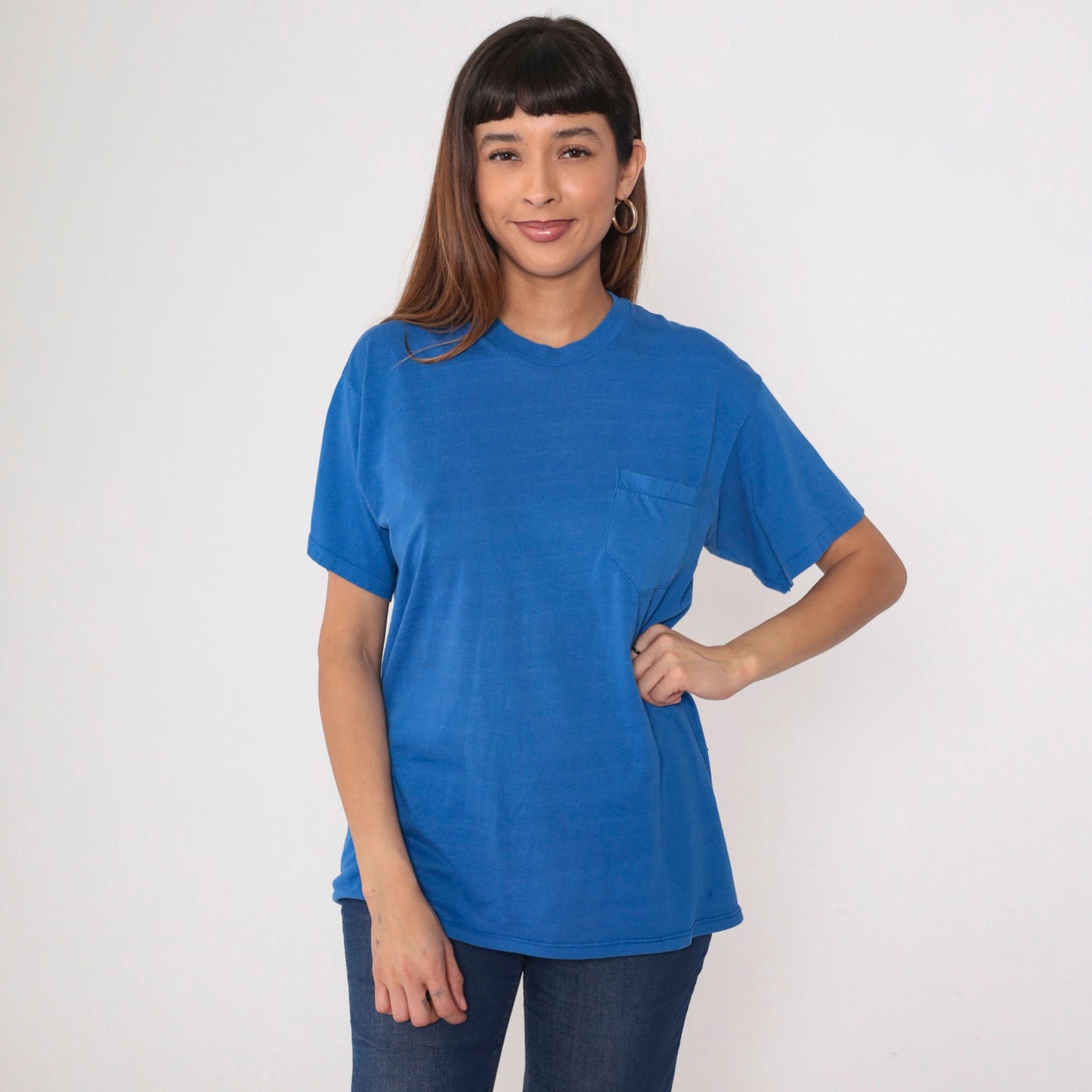 80s Blue Striped Pocket T-Shirt Cotton Blend Crewneck Medium