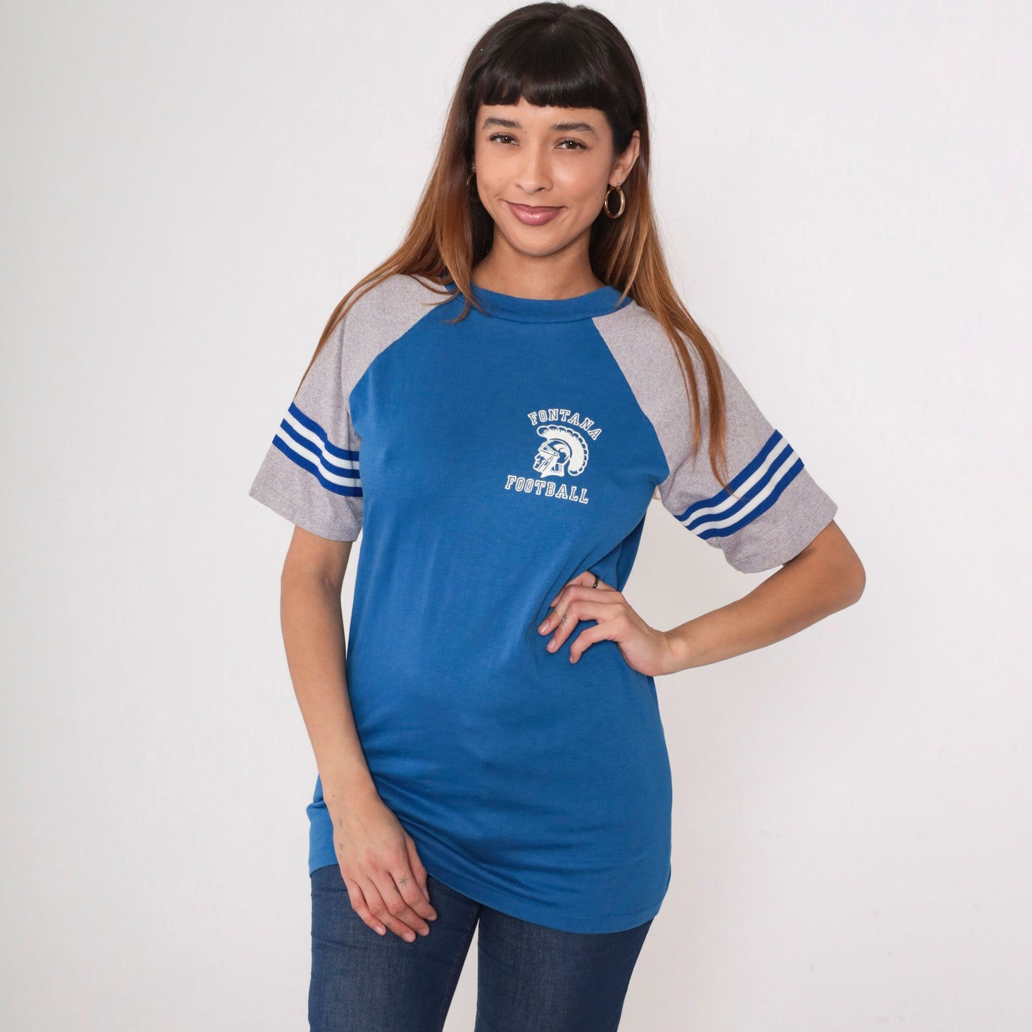 80s Velva Sheen Fontana Football Ringer Tee Blue Raglan Sleeve Small