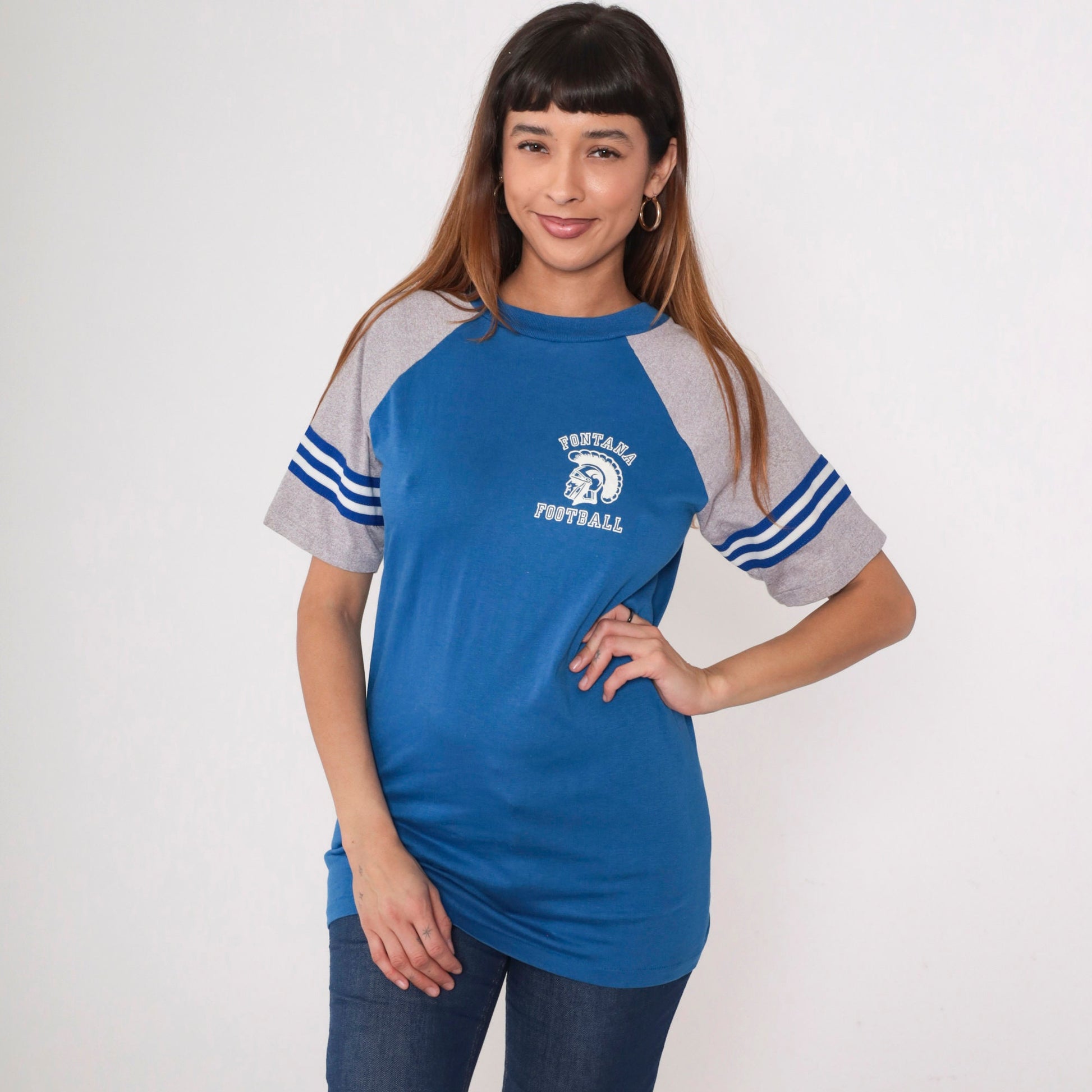 80s Velva Sheen Fontana Football Ringer Tee Blue Raglan Sleeve Small