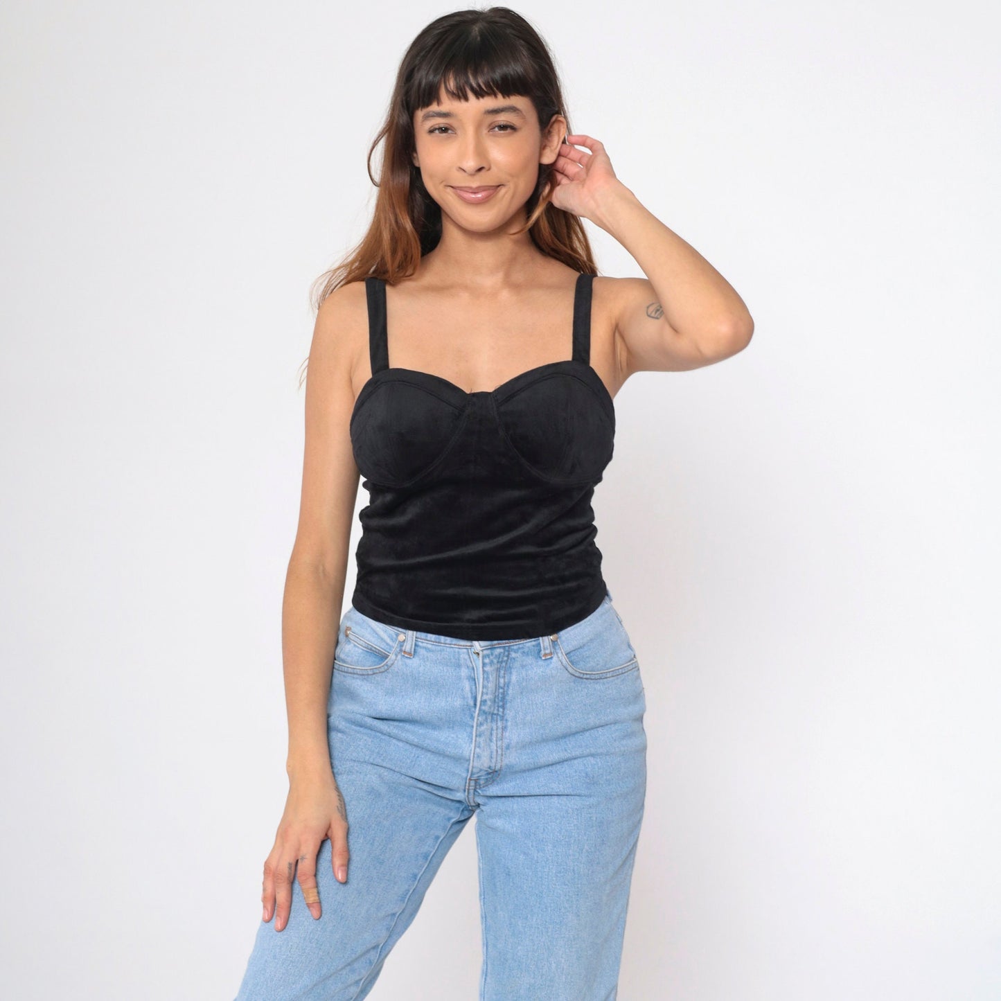 90s Black Velvet Stretch Tank Top Bustier Sleeveless Blouse Extra Small