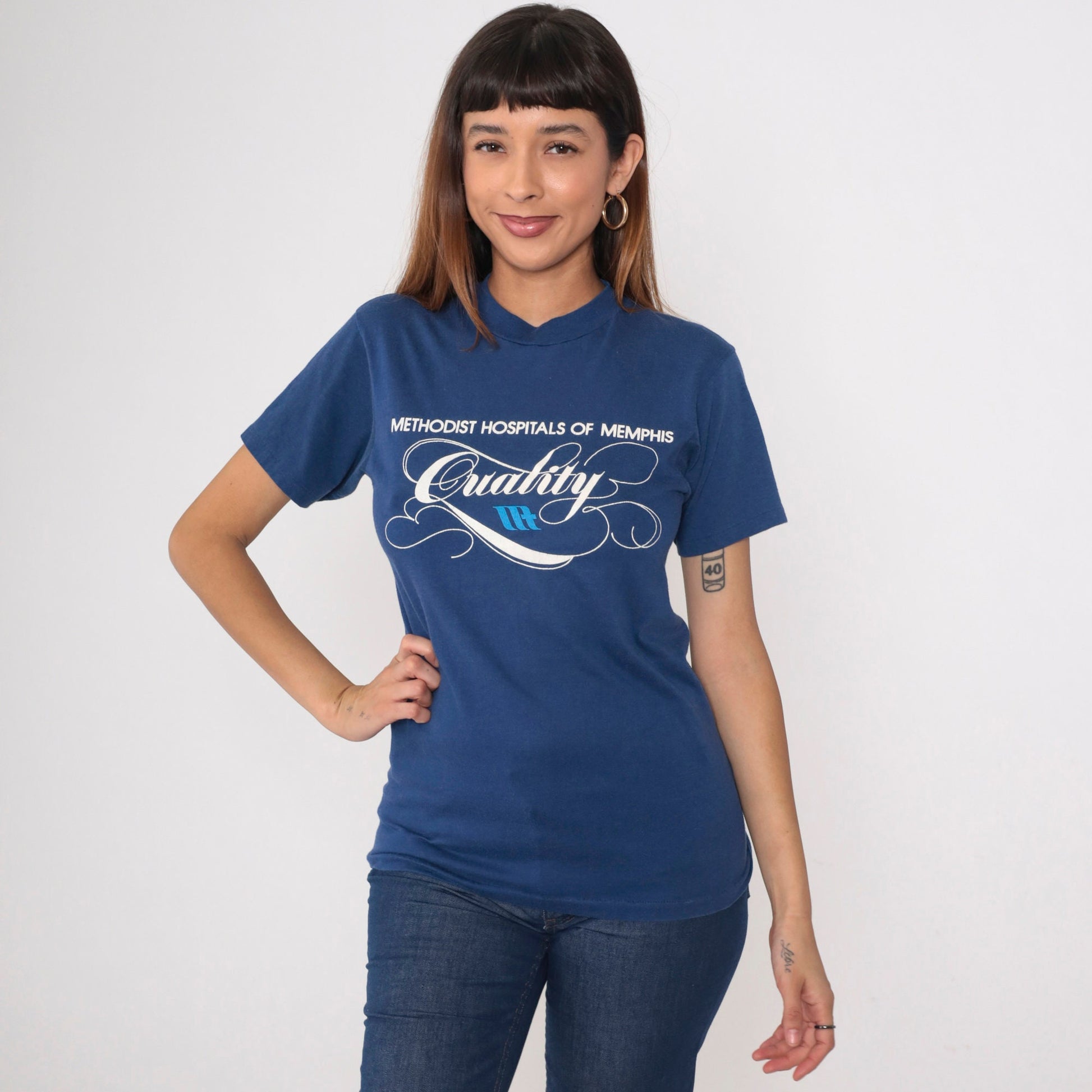 80s Methodist Hospitals of Memphis Graphic T-Shirt Blue Single Stitch Small