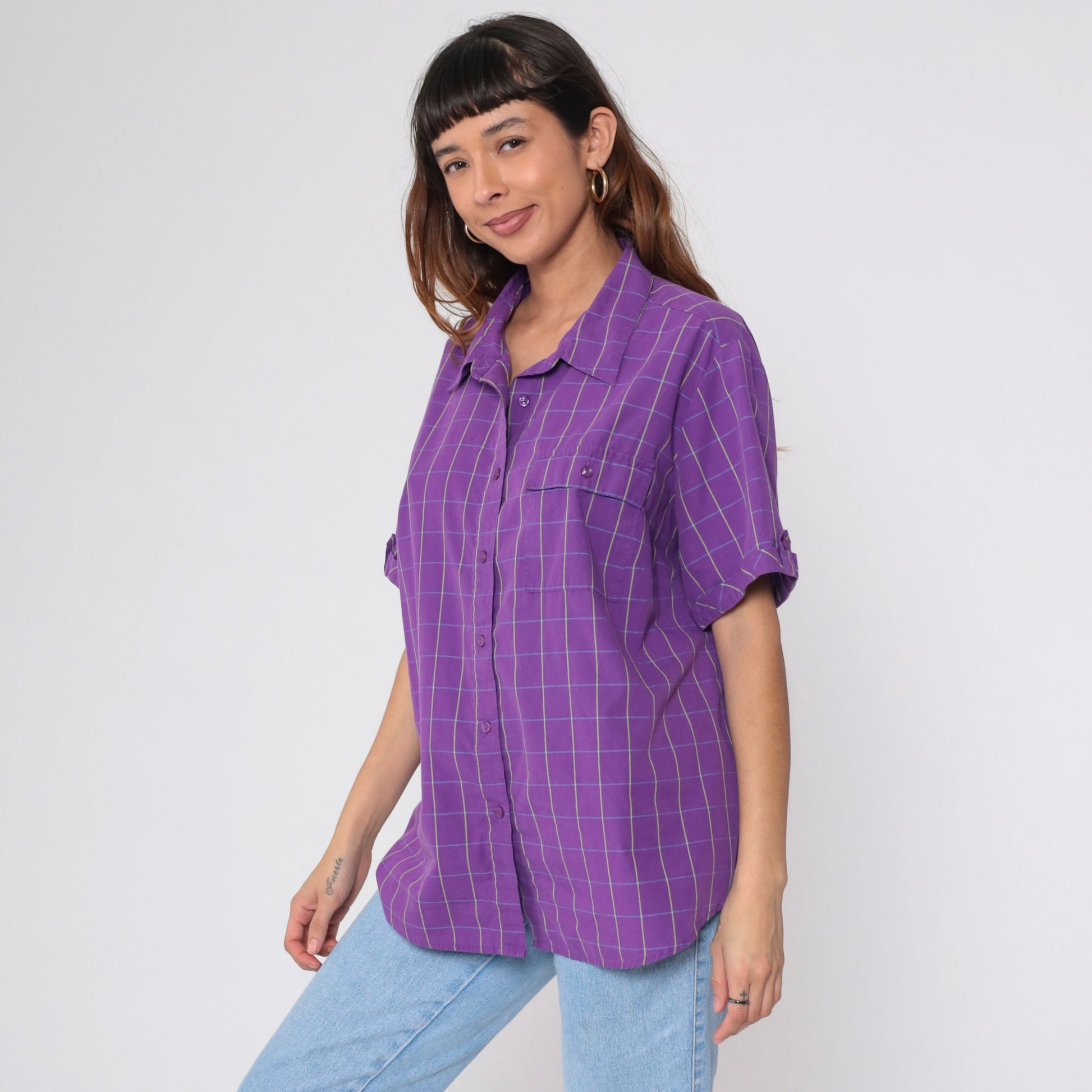 90s Purple Checkered Button-Up Blouse Short Sleeve Preppy Plus Size 18W