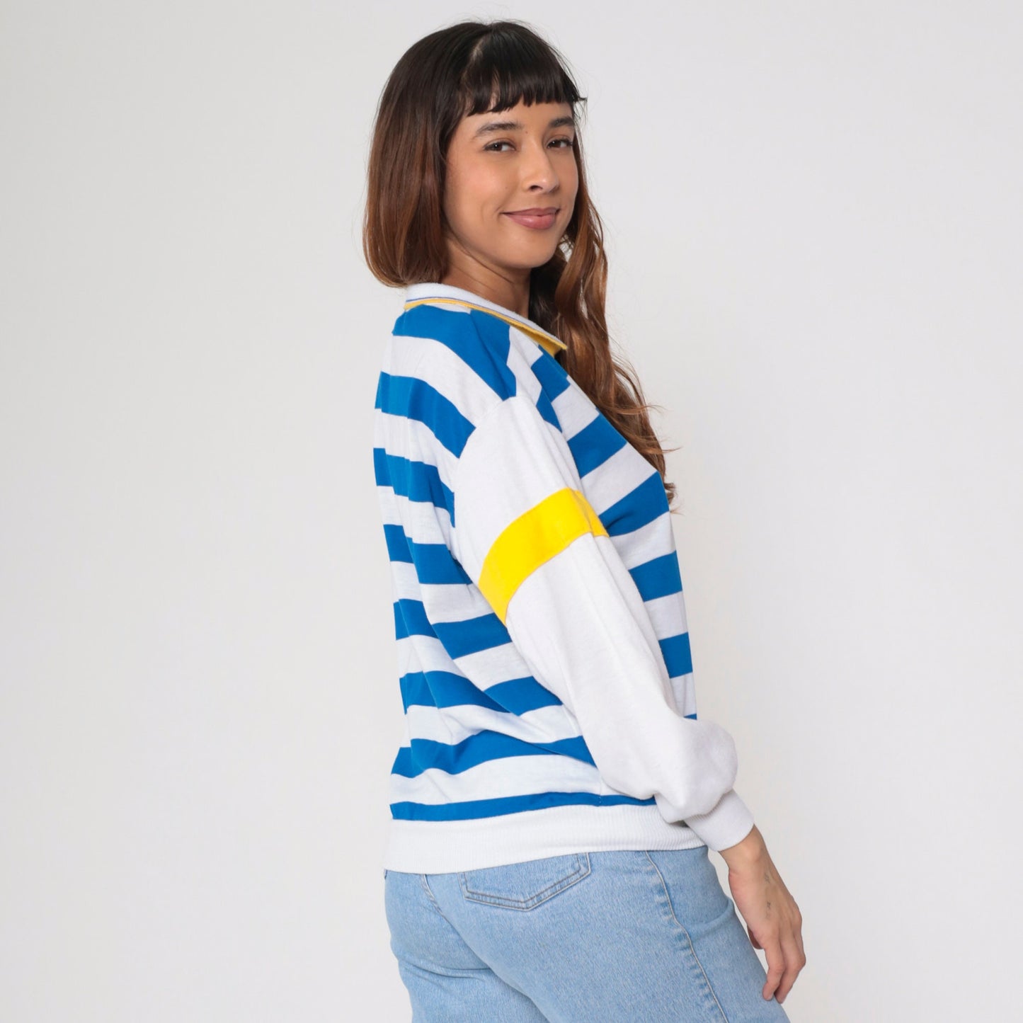 80s Blue White Striped Collared Shirt Yellow Trim Long Sleeve Medium