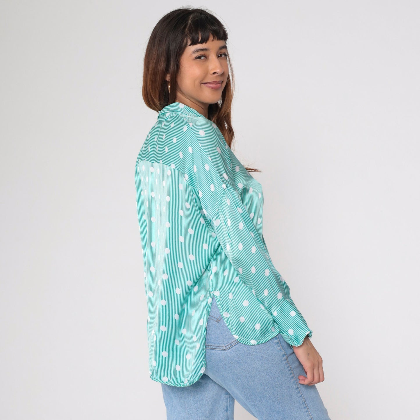 90s Fil Noir Green White Polka Dot Striped Button Up Blouse Long Sleeve Small