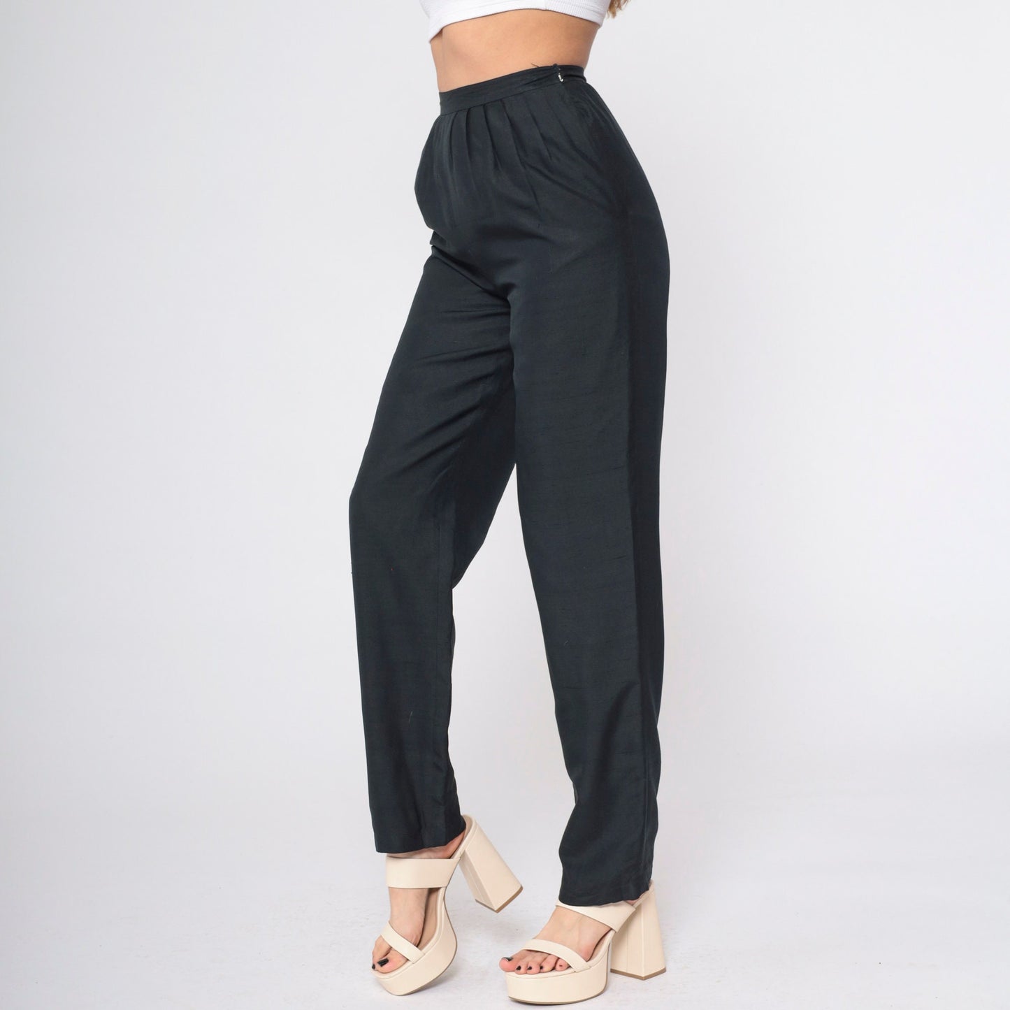 80s Black Silk Pleated Trousers High Waisted Straight Leg Small