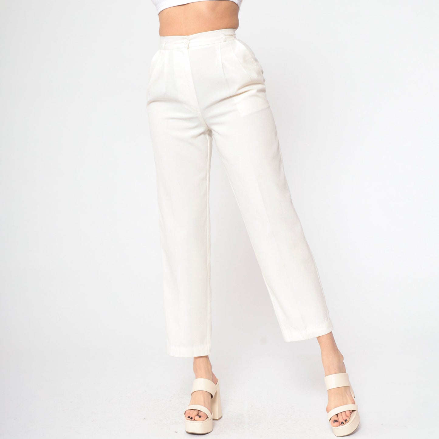 80s Off-White Pleated High-Waisted Straight Leg Trousers Extra Small