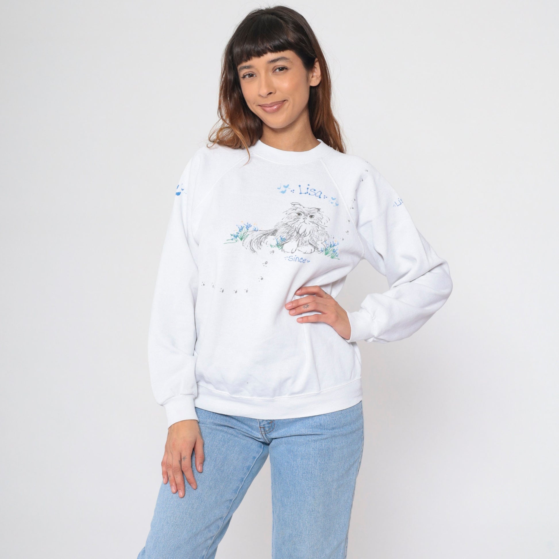 90s Hand Painted Cat Lisa Sweatshirt White Hanes Raglan Medium