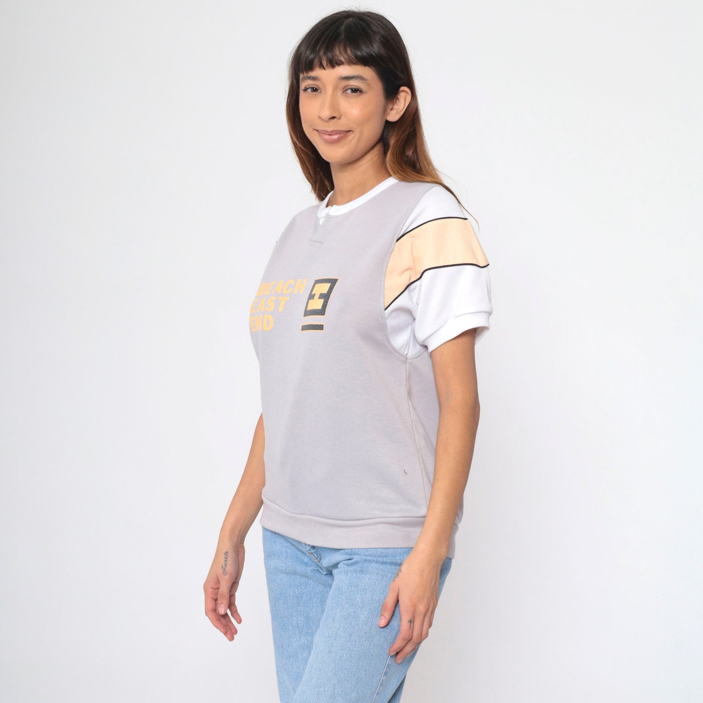 90s Beach East End Graphic Henley Shirt Grey Peach Striped Medium