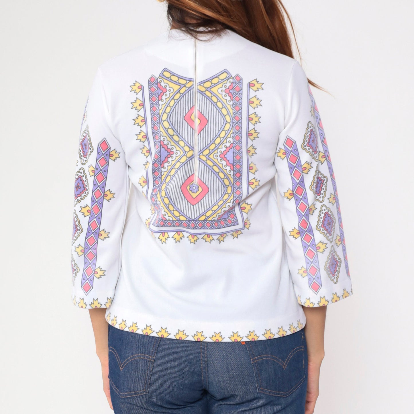 70s Geometric Floral Graphic Blouse White 3/4 Sleeve Zip Back Small