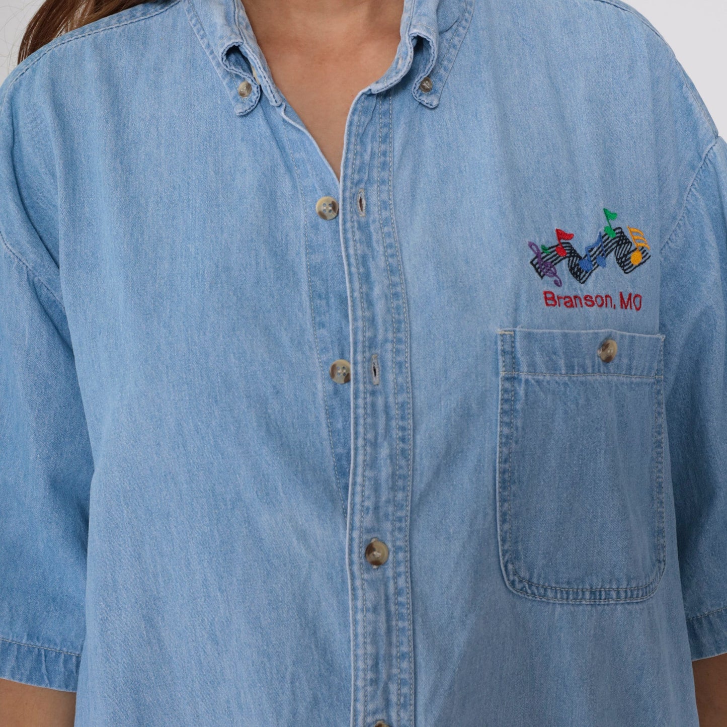 90s Branson Missouri Denim Shirt Music Note Blue Jean Button Up Extra Large