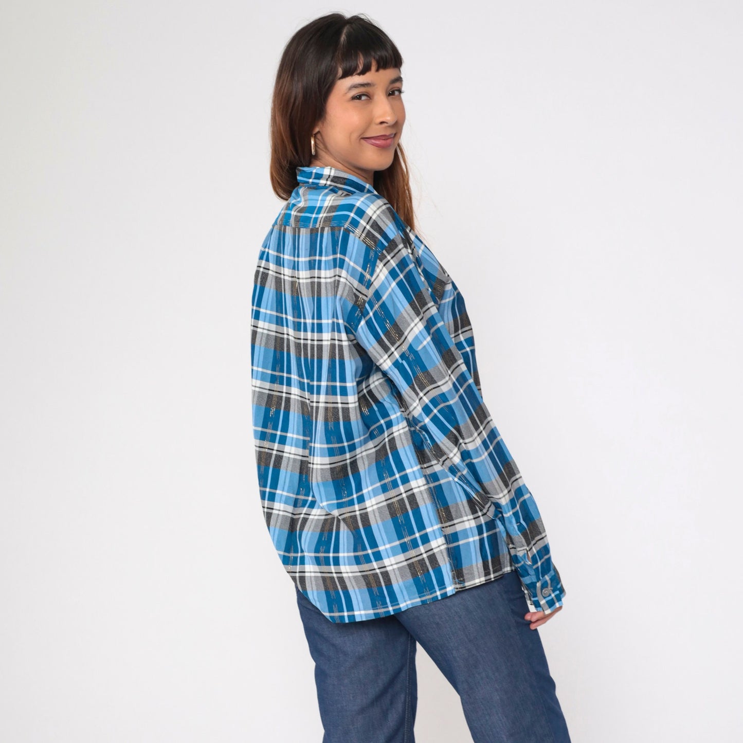 70s Metallic Plaid Blue Button-Up Shirt Pilgrim Western Long Sleeve Large