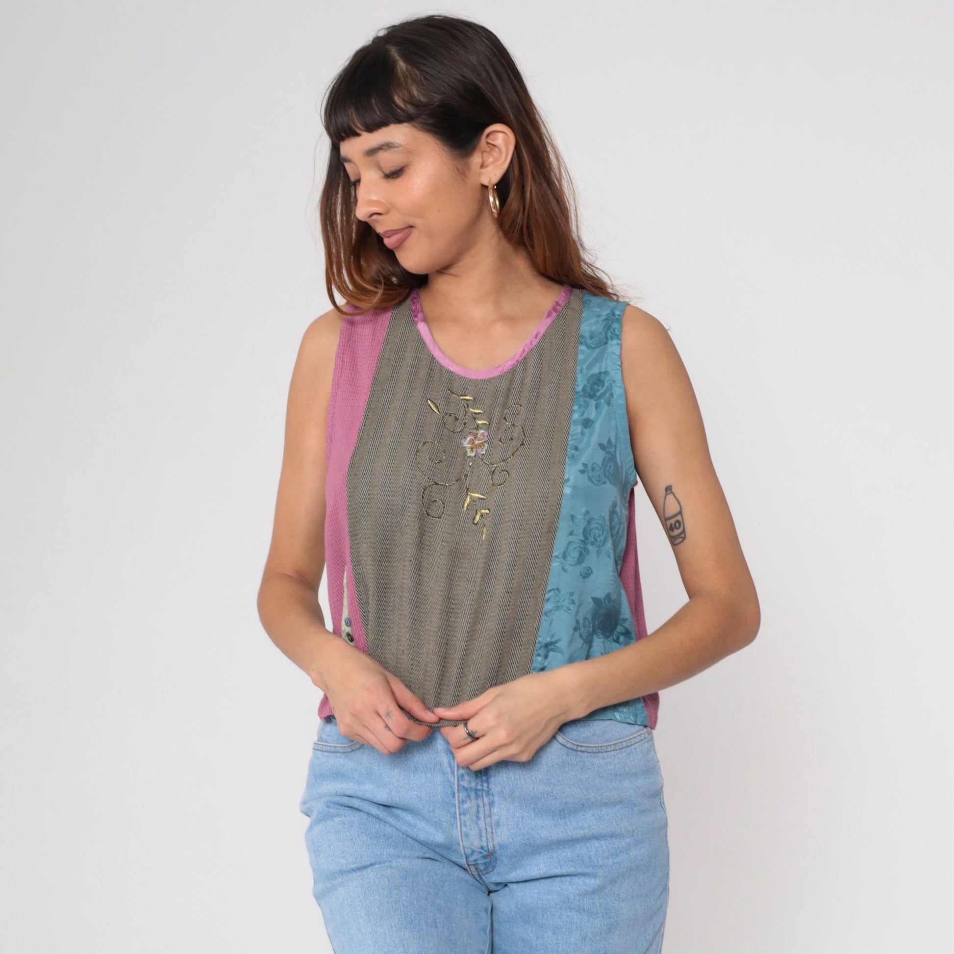 90s Faith by Celia Forrester Floral Beaded Tank Top Embroidered Medium