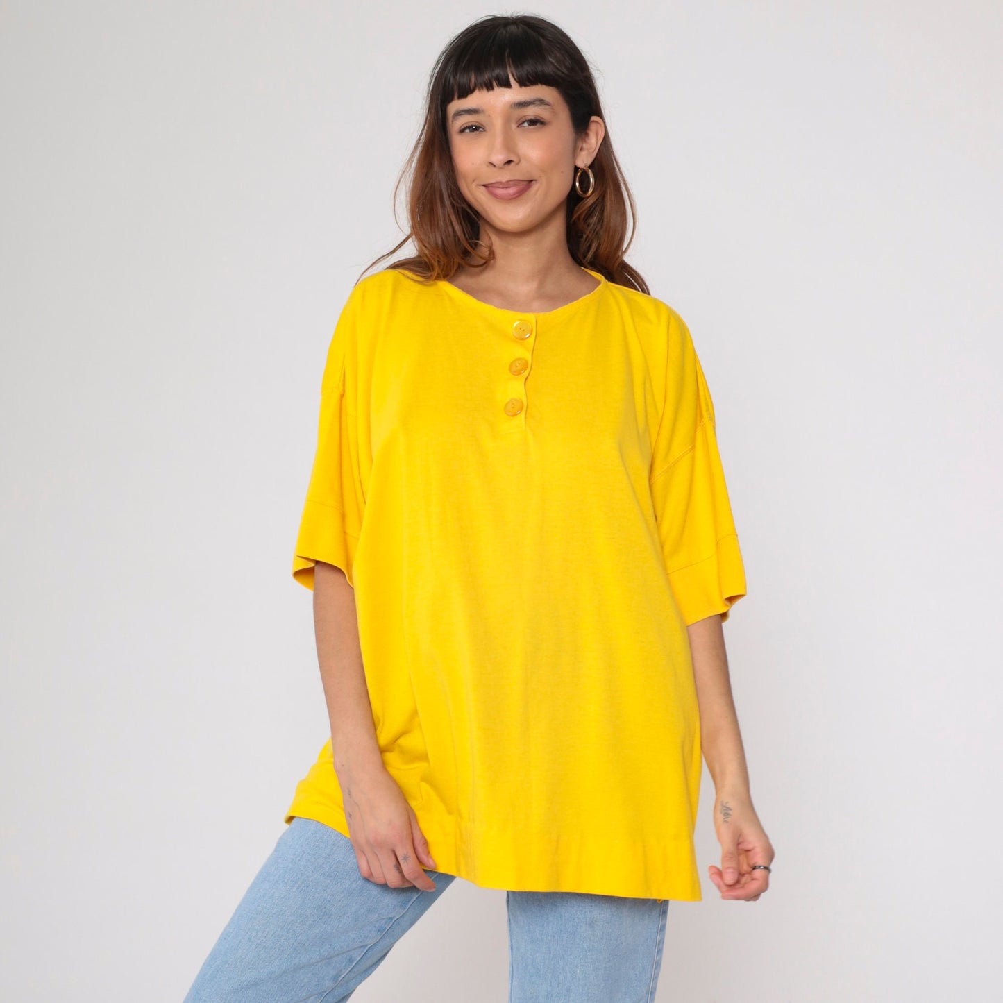 80s Yellow Henley Shirt Short Sleeve Button Up Cotton Blend Plus Size XXL