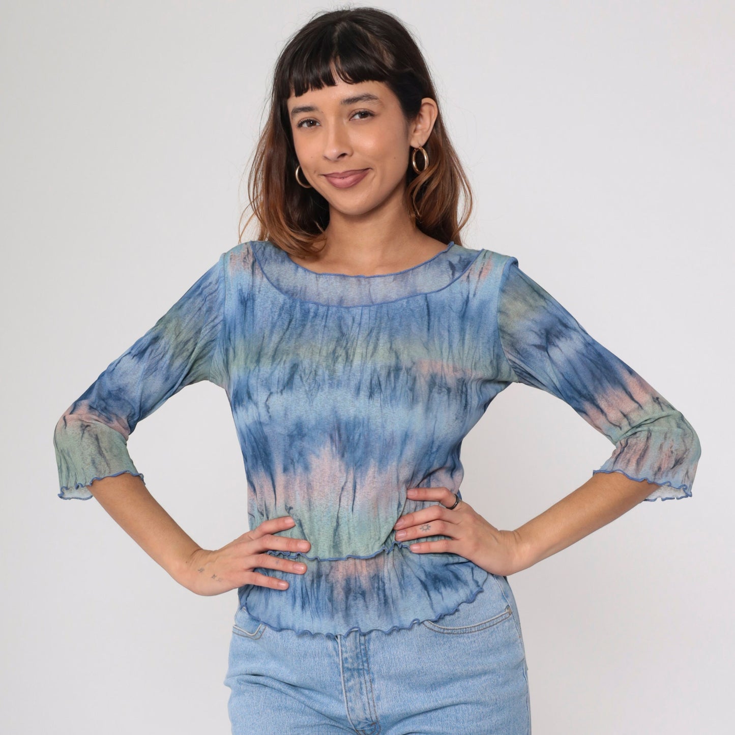 Y2K Tie Dye 3/4 Sleeve Top Lettuce Edge Semi-Sheer Blue Pink Green Medium