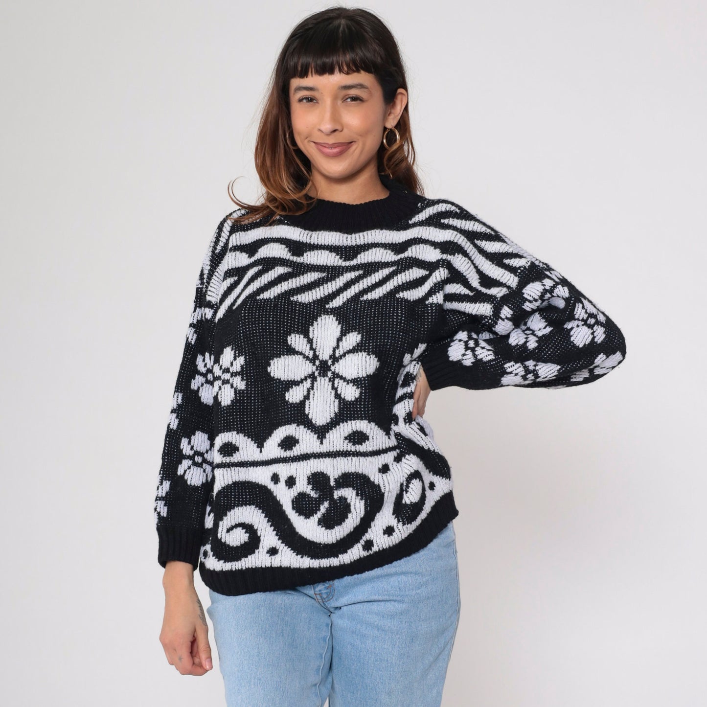 80s Black White Metallic Floral Knit Sweater Glitter Swirl Pullover Large L