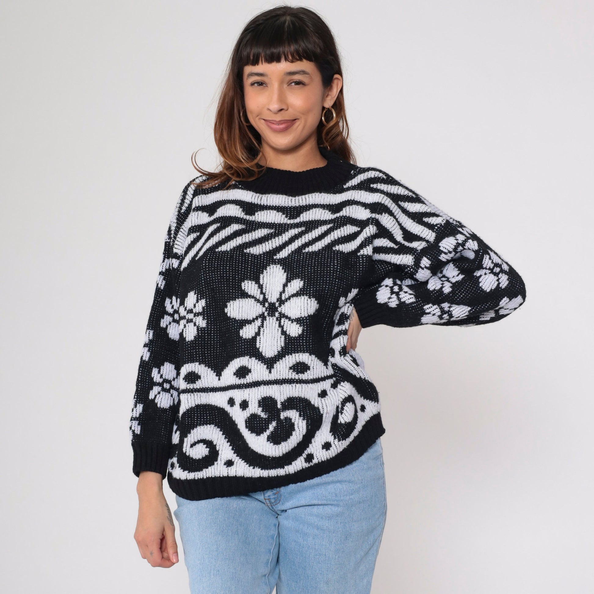 80s Black White Metallic Floral Knit Sweater Glitter Swirl Pullover Large L
