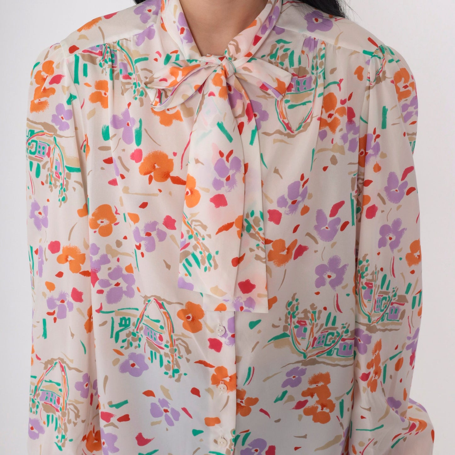 70s Floral Ascot Blouse Off-White Watercolor Print Puff Sleeve Button Up Medium Large