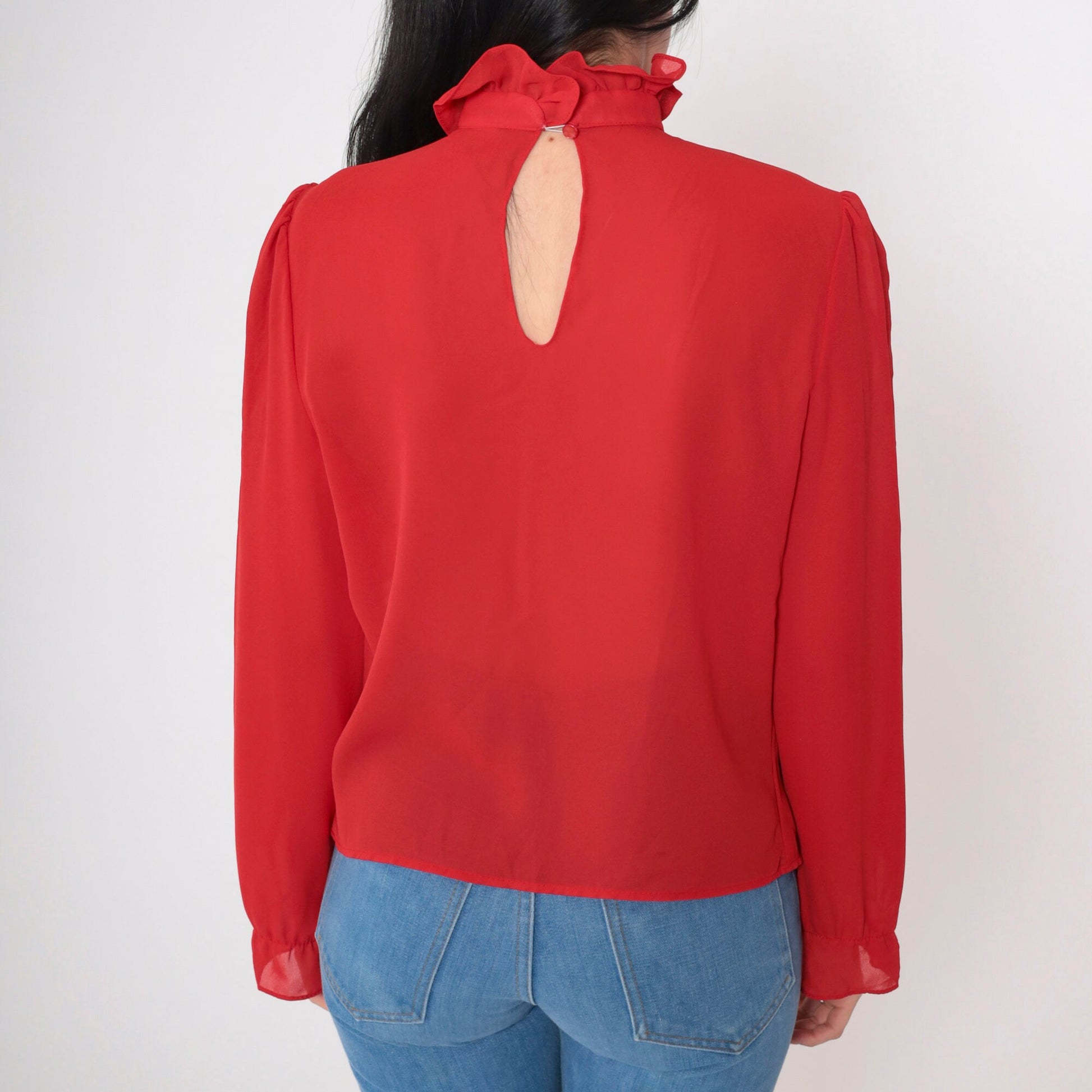 80s Red Puff Sleeve Blouse High Ruffled Neck Pleated Semi-Sheer Medium