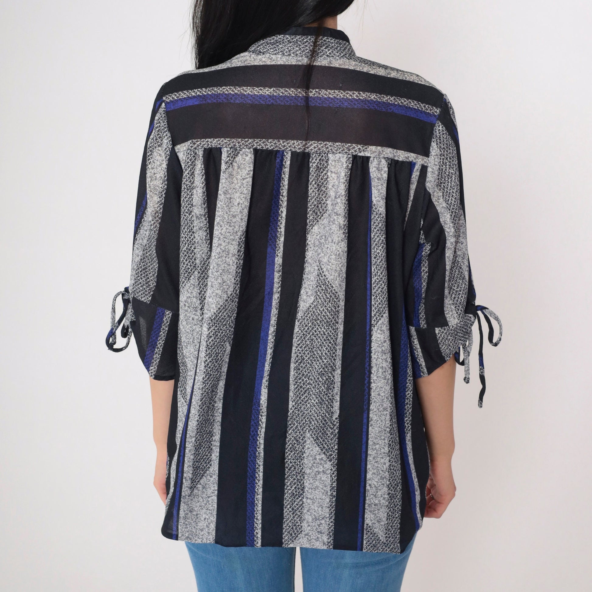 70s Striped Keyhole Blouse Tie Neck 3/4 Sleeve Black Blue Grey Extra Large