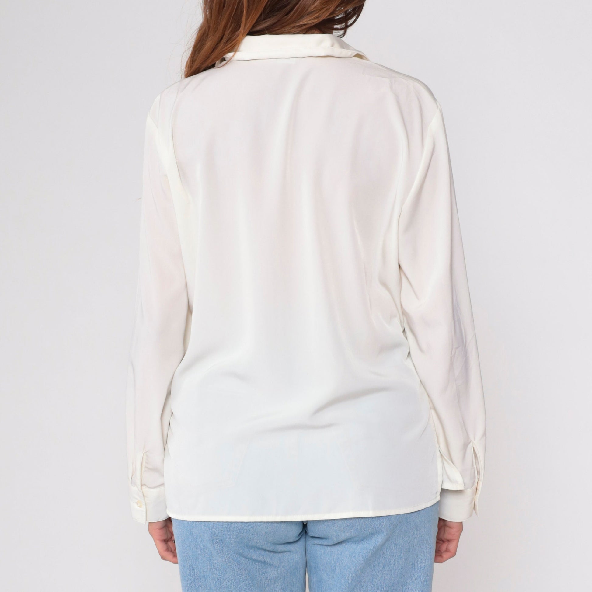 90s White Button-Up Blouse Long Sleeve Collared Shirt Large L