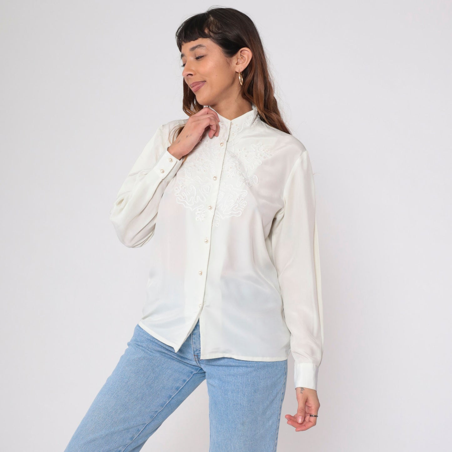 80s White Pearl Beaded Blouse Soutache Stand Collar Button-Up Medium