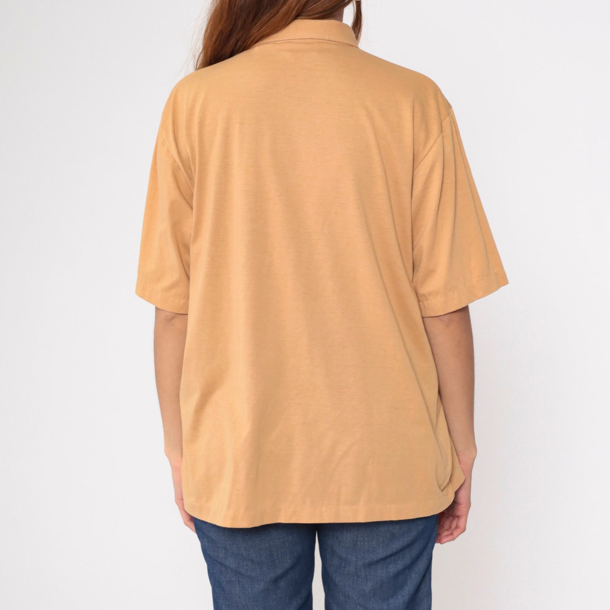 70s Light Brown Polo Shirt Button-Up Short Sleeve Collared Men's XL