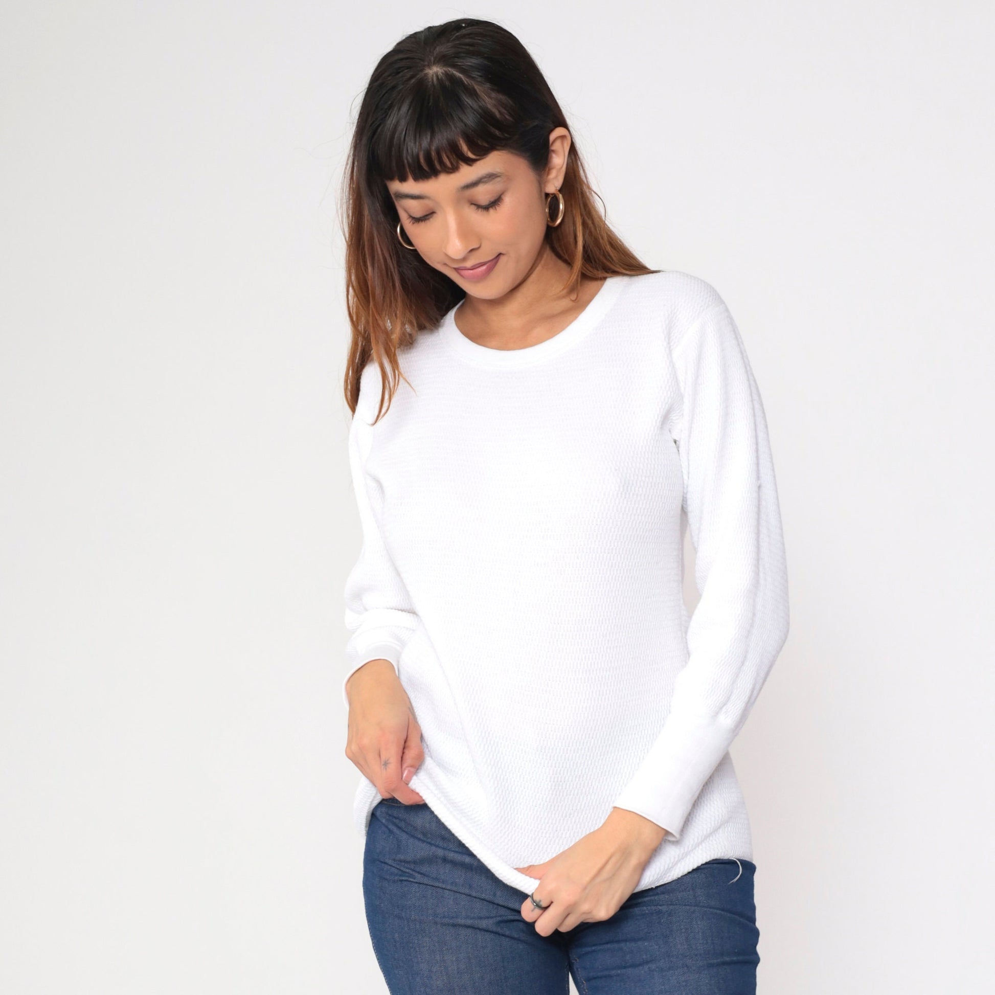80s White Thermal Waffle Knit Long Sleeve Undershirt Small