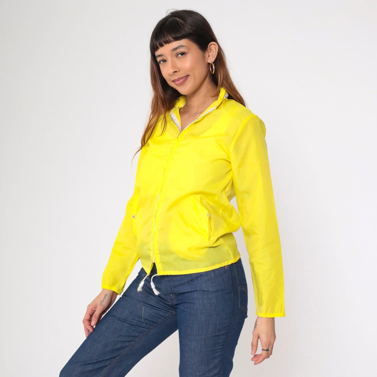 70s Yellow Nylon Windbreaker Jacket Semi-Sheer Zip-Up Extra Small