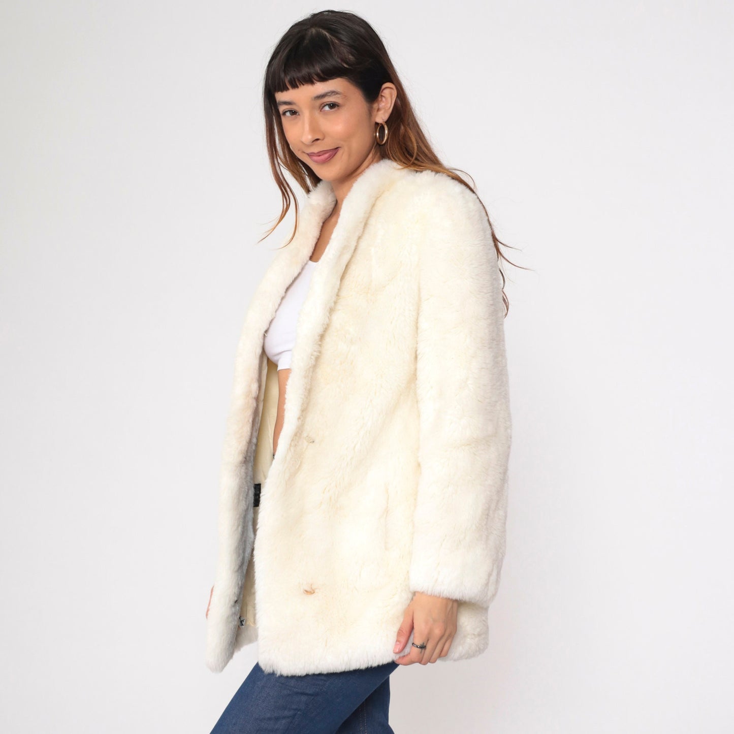 80s Cream Faux Fur Coat Hook Eye Closure Vintage Small S