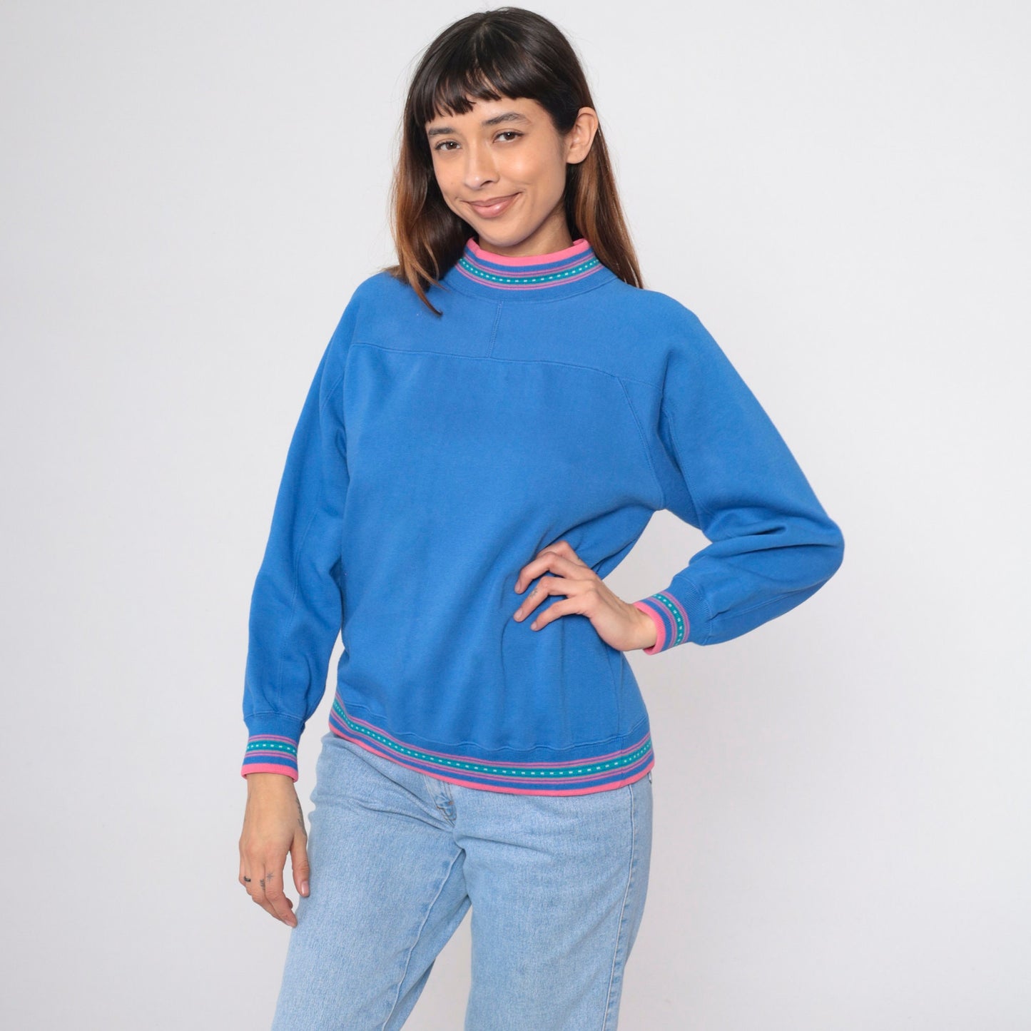 90s Blue Mock Neck Sweatshirt Pink Ringer Trim Small