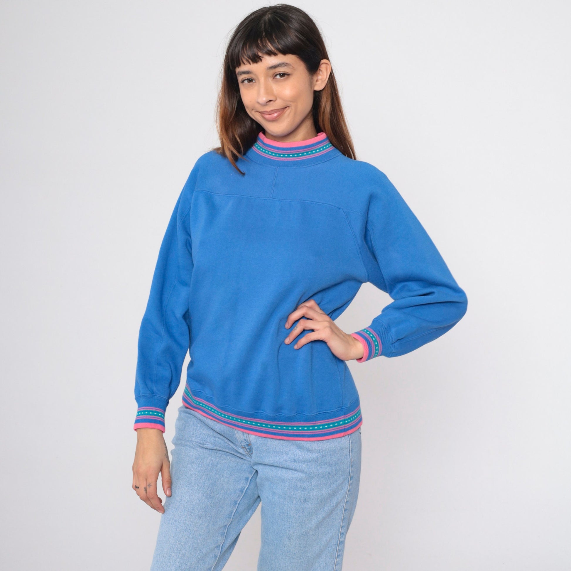 90s Blue Mock Neck Sweatshirt Pink Ringer Trim Small