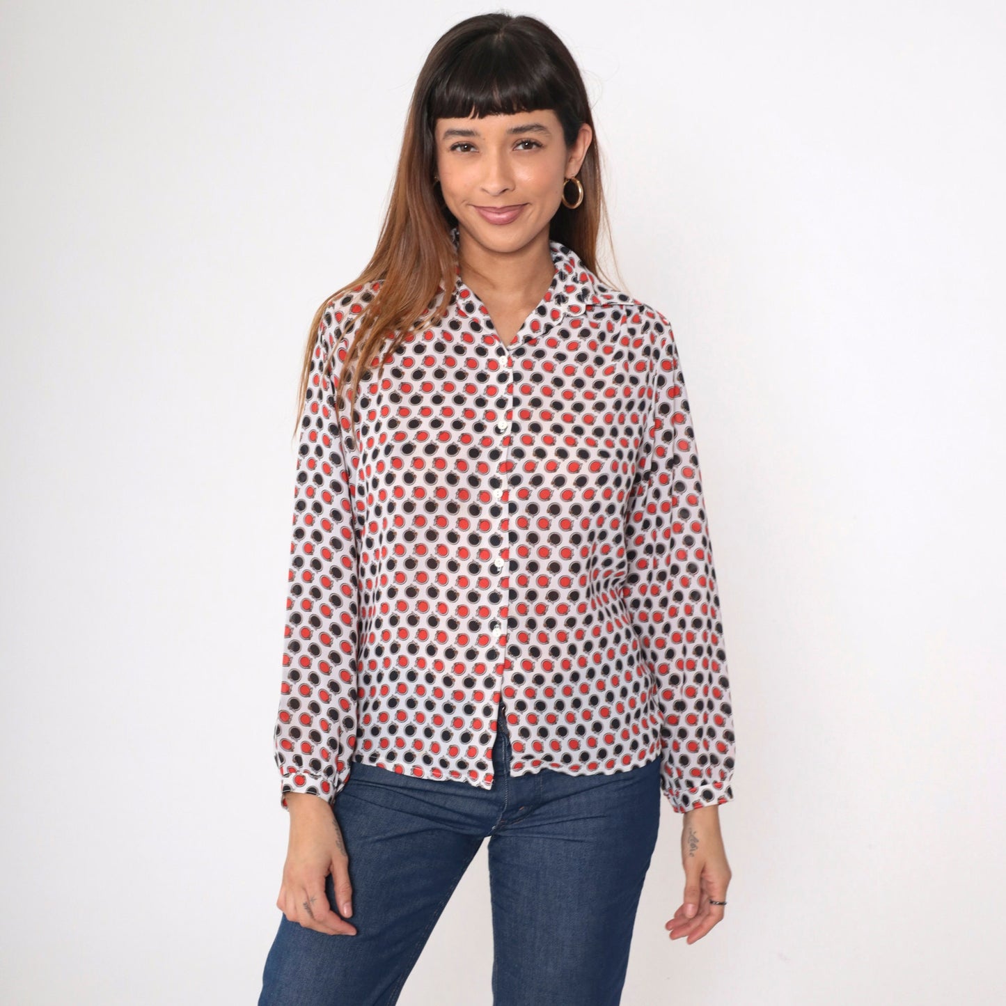70s Circle Belt Print Button-Up Blouse Polka Dot Red Black White Medium