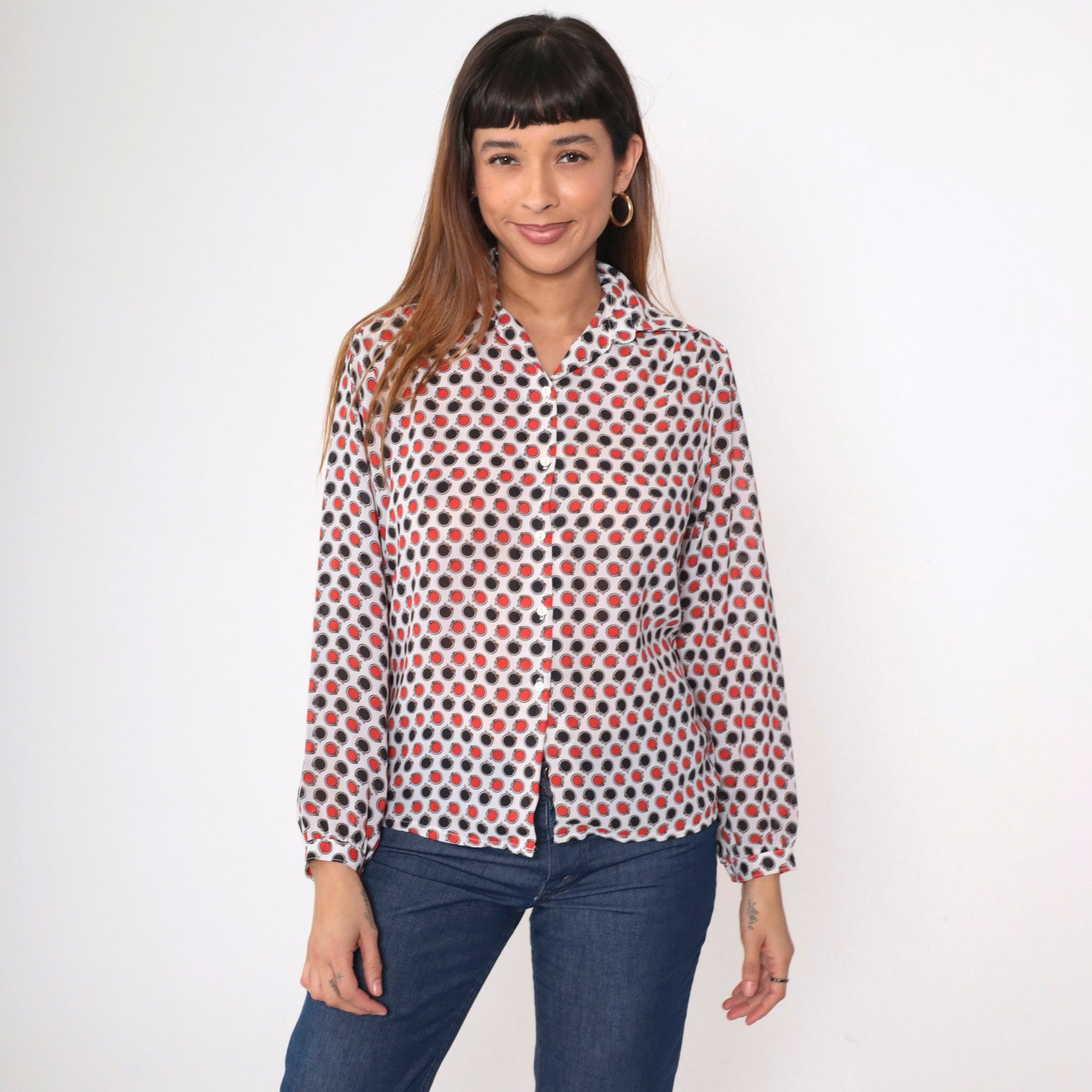 70s Circle Belt Print Button-Up Blouse Polka Dot Red Black White Medium