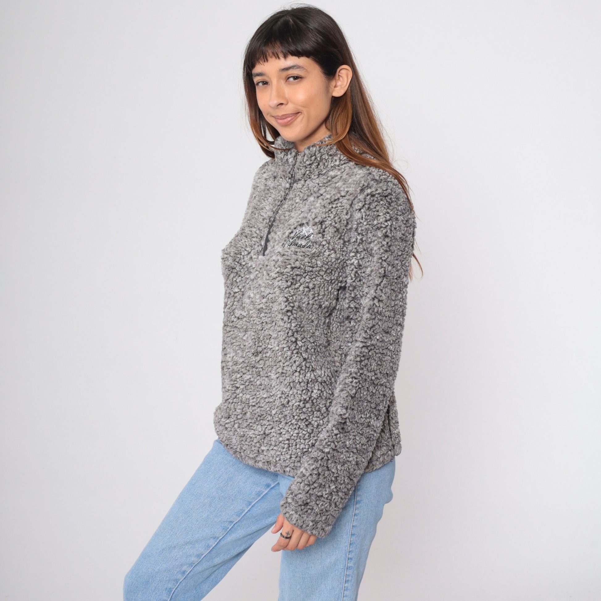90s Vail Colorado Fleece Quarter Zip Mock Neck Sweatshirt Grey Large L