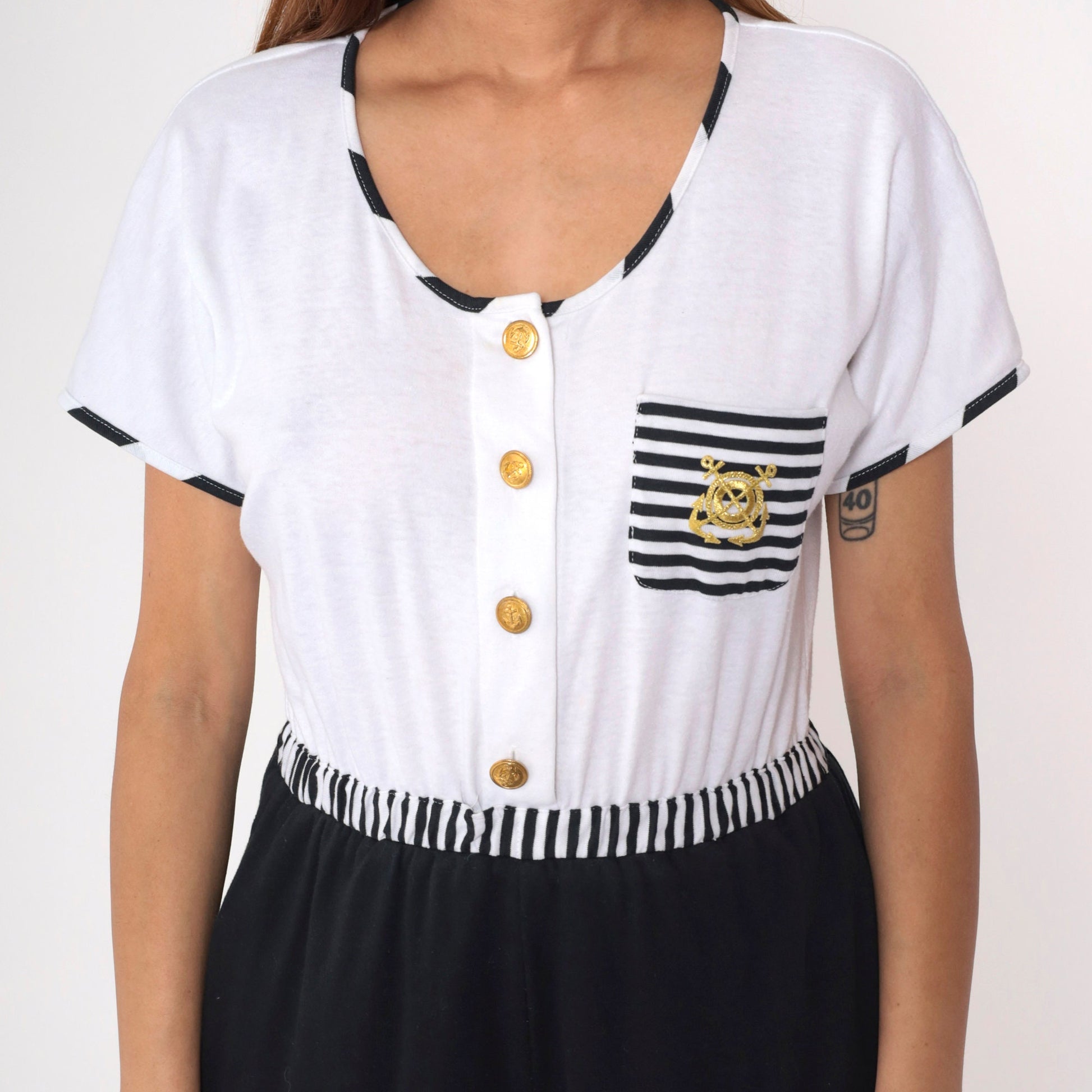 80s Dotti Nautical Jumpsuit Black White Striped Anchor Embroidered Medium