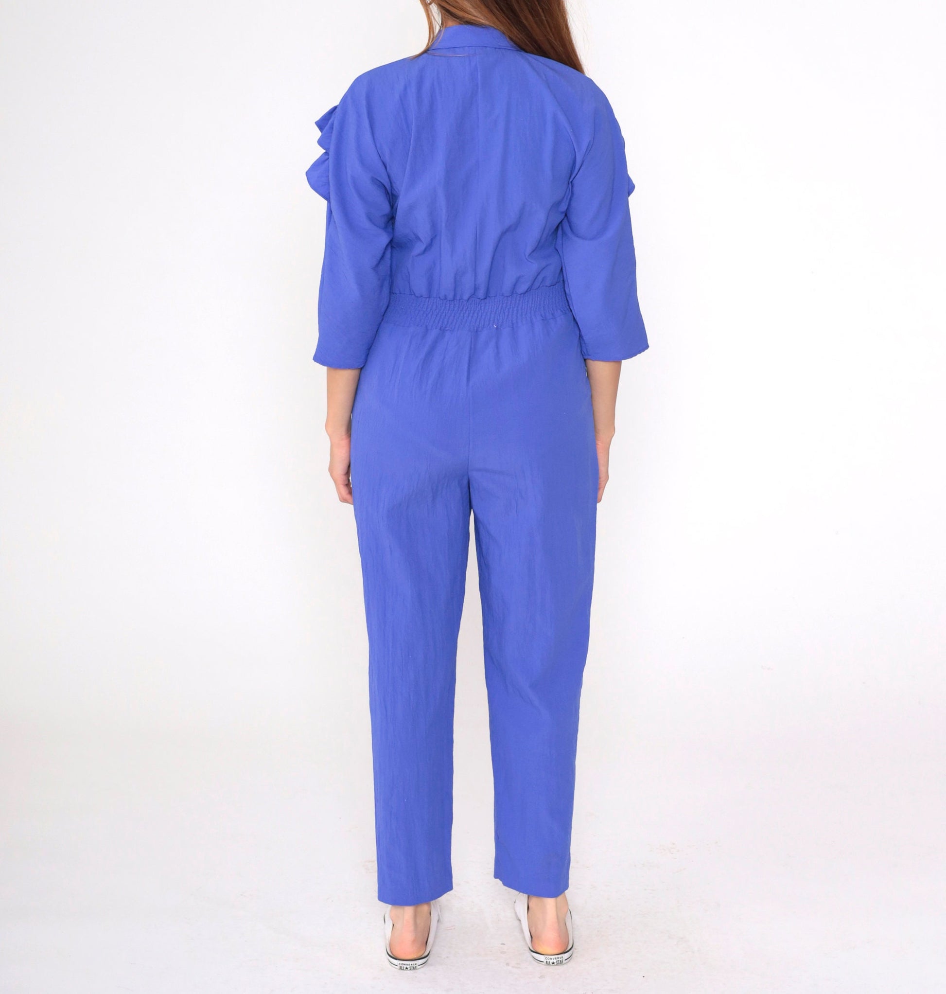 80s Purple Ruffled Jumpsuit High Waisted Tapered Zipper Front 3/4 Sleeve Medium Petite