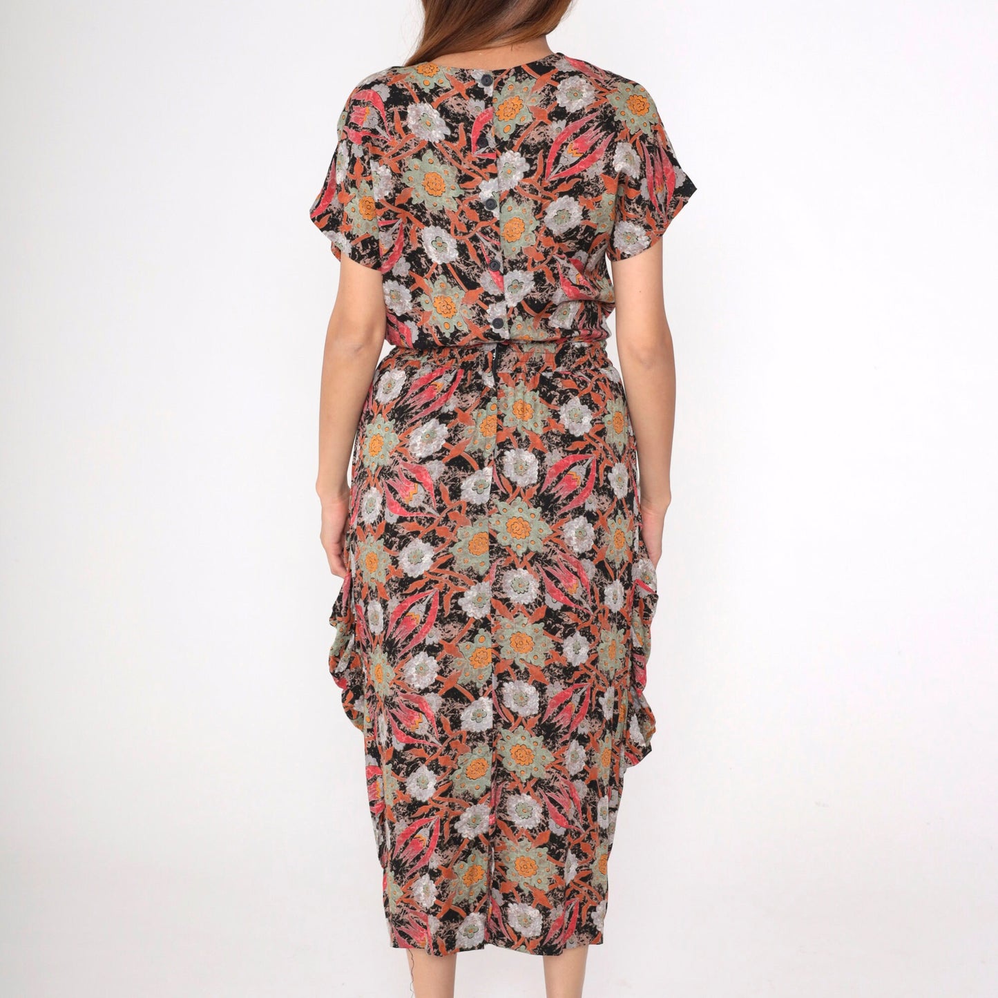 80s Floral Midi Dress Button Back Pencil Skirt Short Sleeve Black Red Orange Medium 8