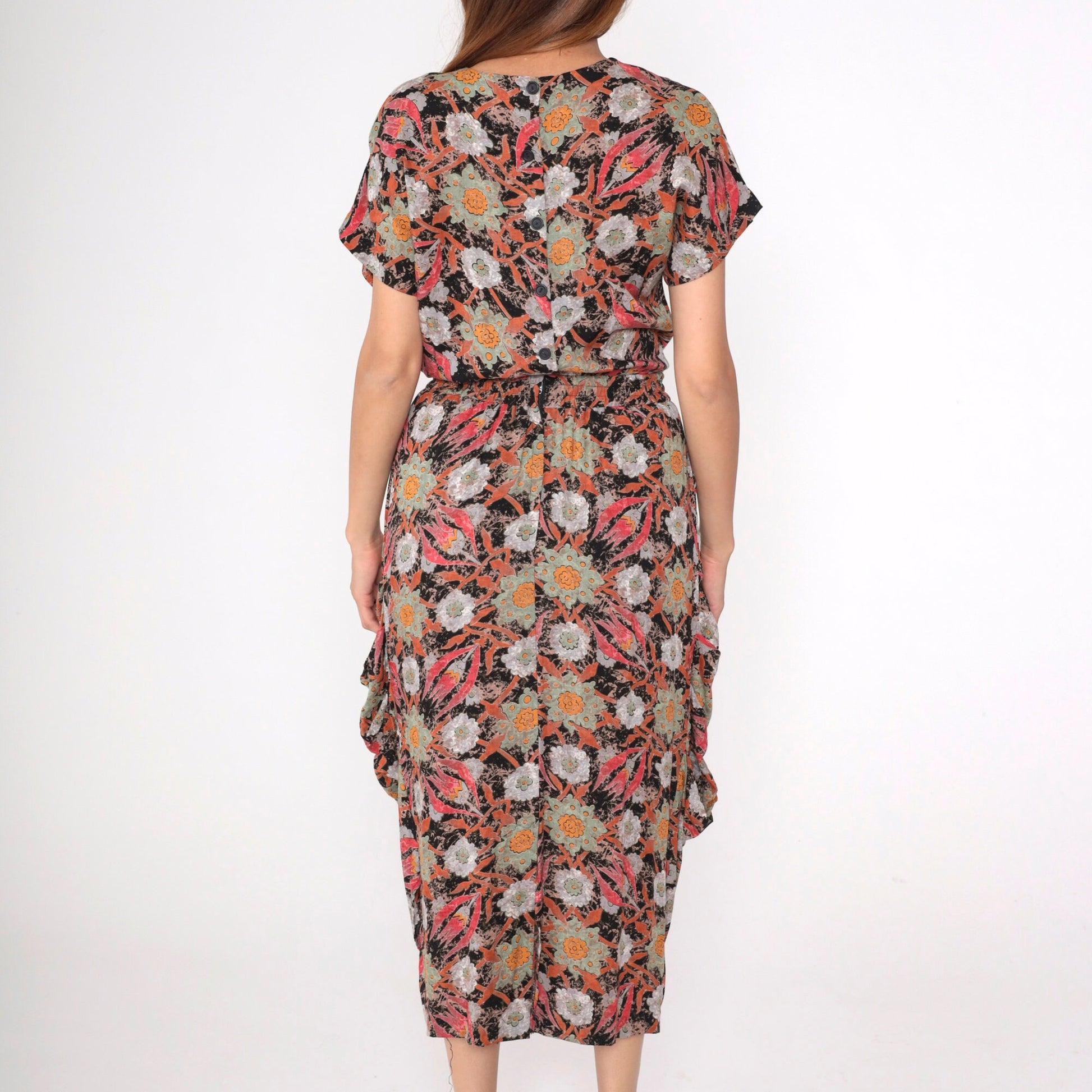 80s Floral Midi Dress Button Back Pencil Skirt Short Sleeve Black Red Orange Medium 8