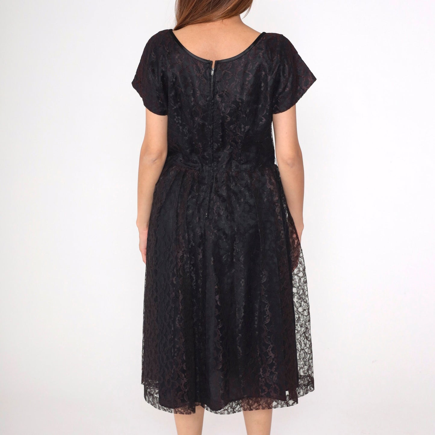 1960s Brown Lace Dress Tea Length High Waist Short Sleeve Black Lining Large L