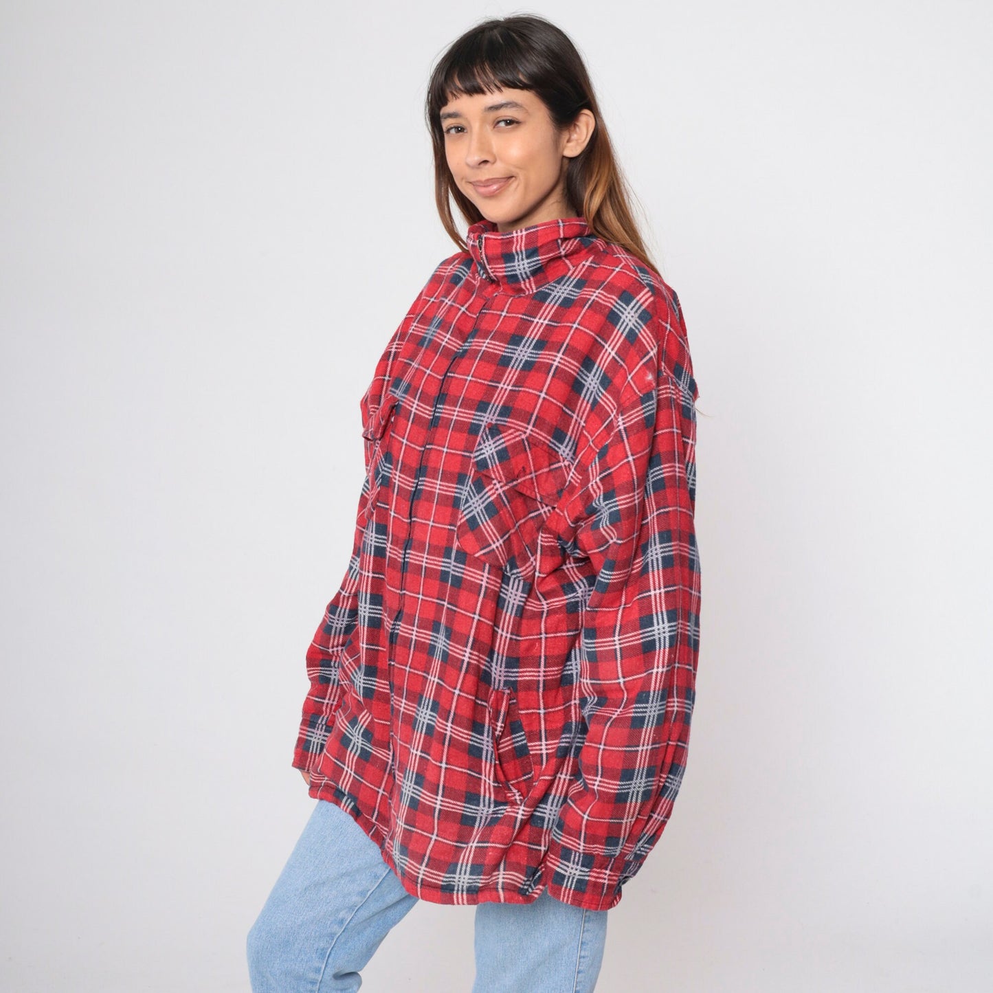90s Red Plaid Zip Jacket Sherpa Lined Flannel Shacket Extra Large XL