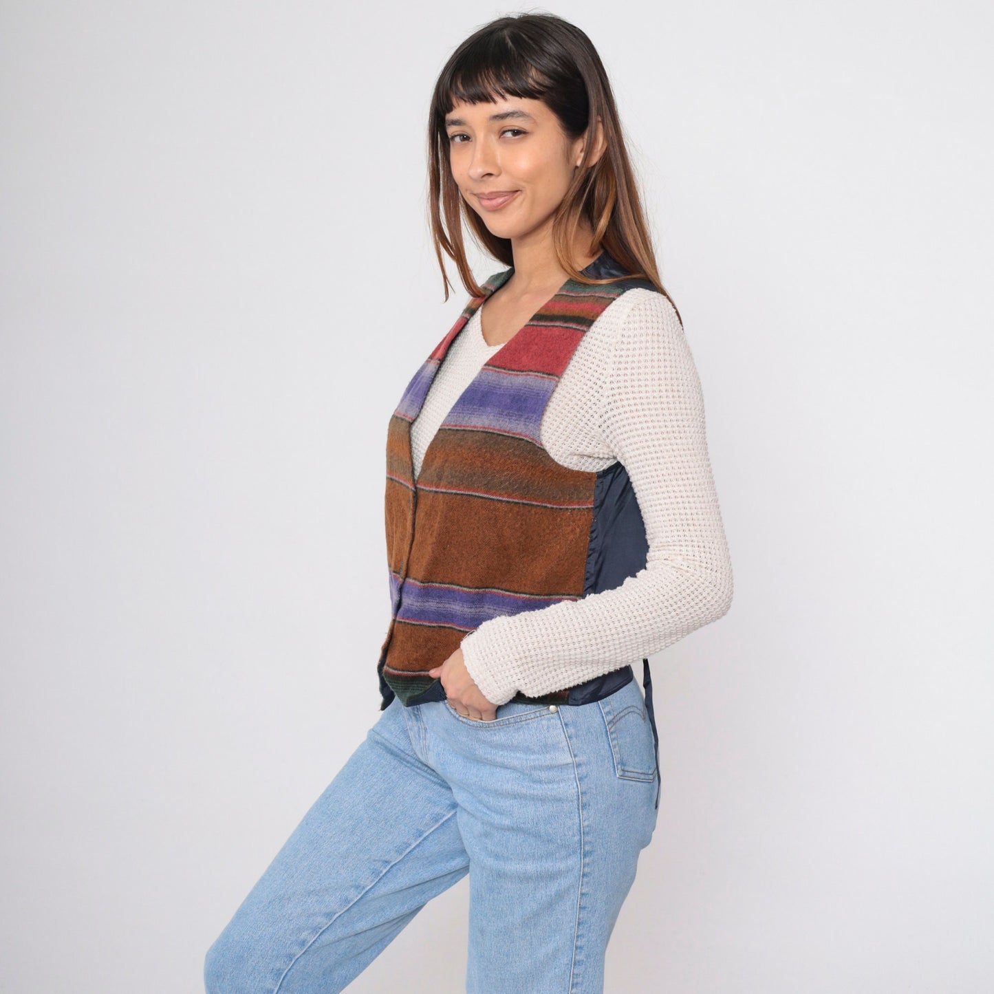 90s Fritzi Sport Southwestern Vest Brown Striped Button-Up Medium