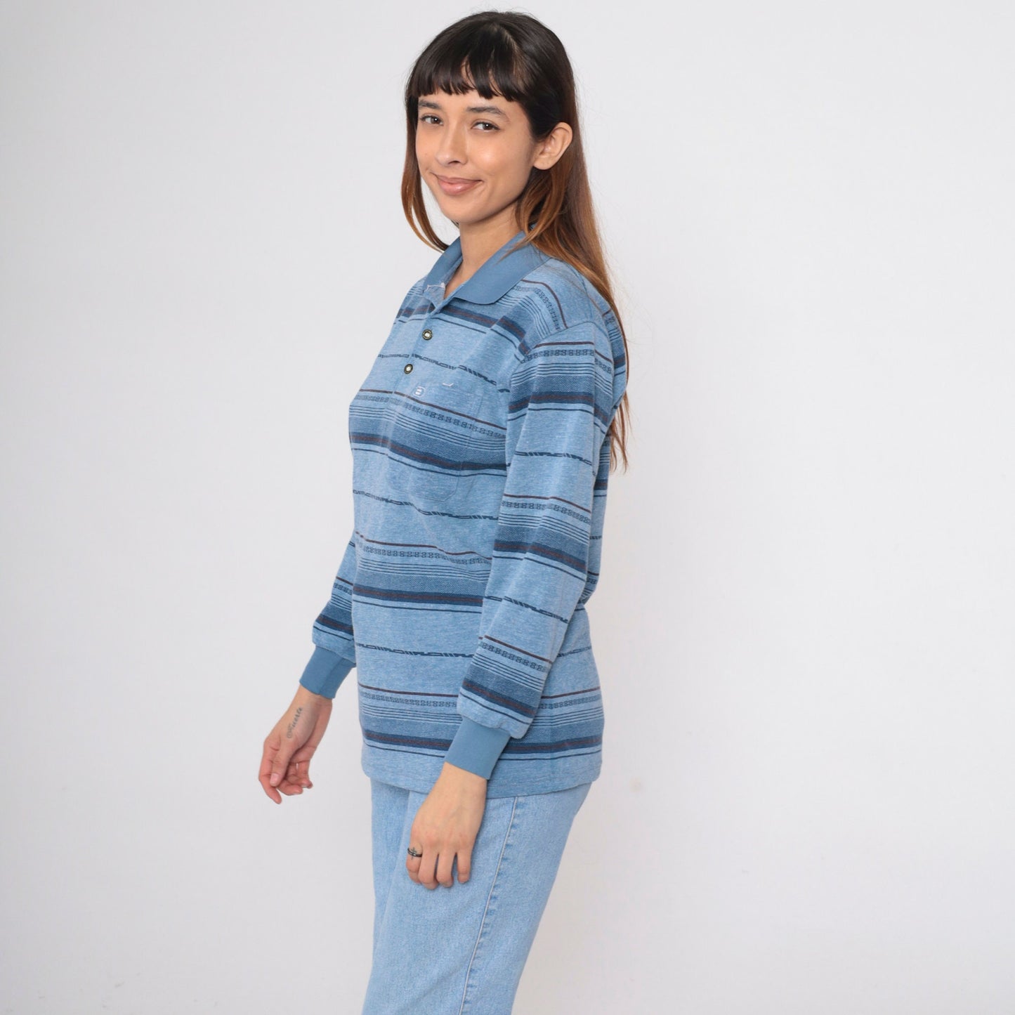 90s Blue Striped Long Sleeve Polo Shirt Men's Small