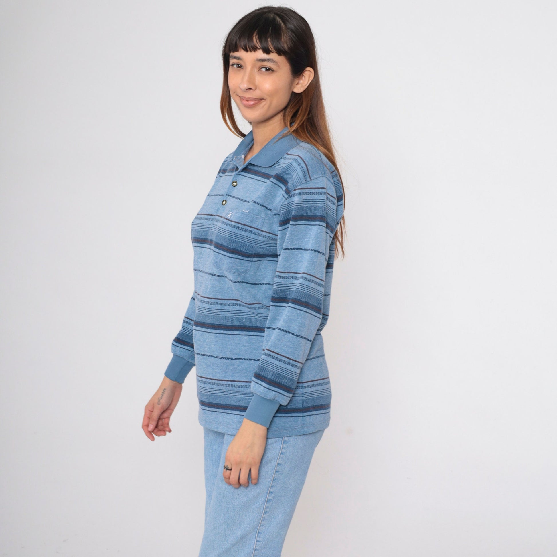 90s Blue Striped Long Sleeve Polo Shirt Men's Small