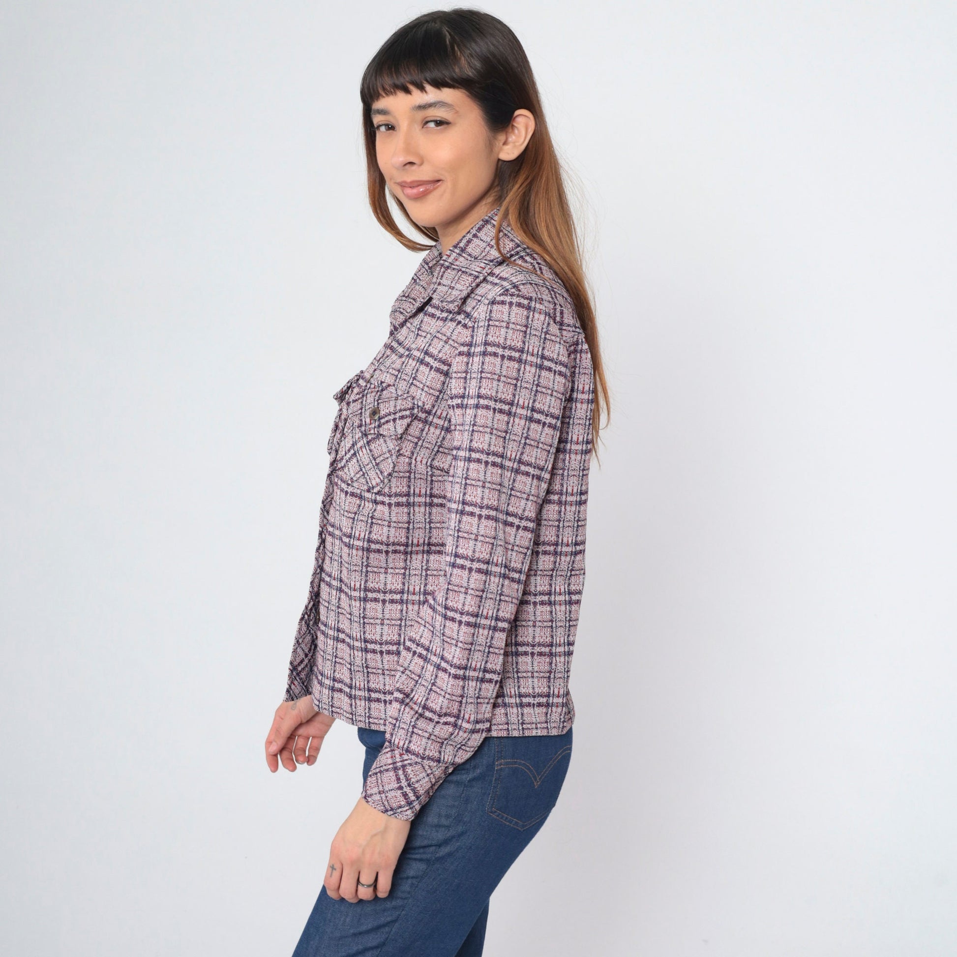 70s Act II Plaid Button-Up Shirt Red Blue Tartan Chest Pocket Medium