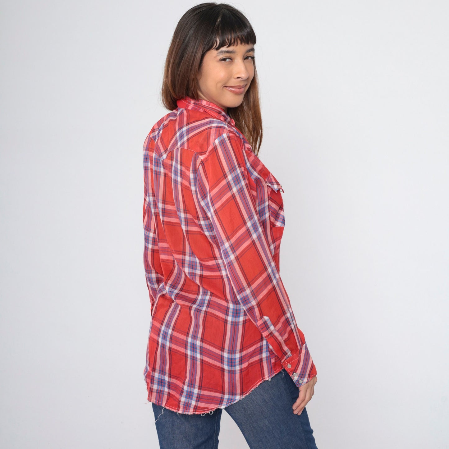70s Red Plaid Western Shirt Pearl Snap Button Up Long Sleeve Medium