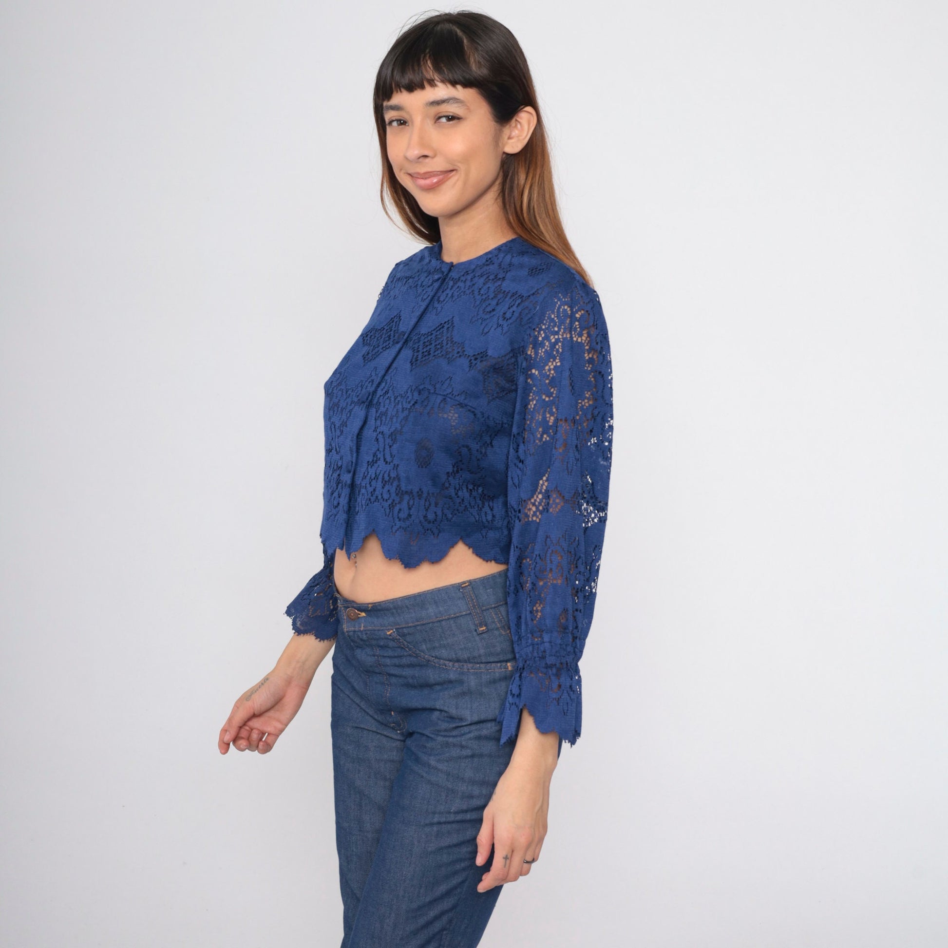 70s Dark Blue Lace Blouse Puff Sleeve Button-Up Crop Top Scalloped Small Medium