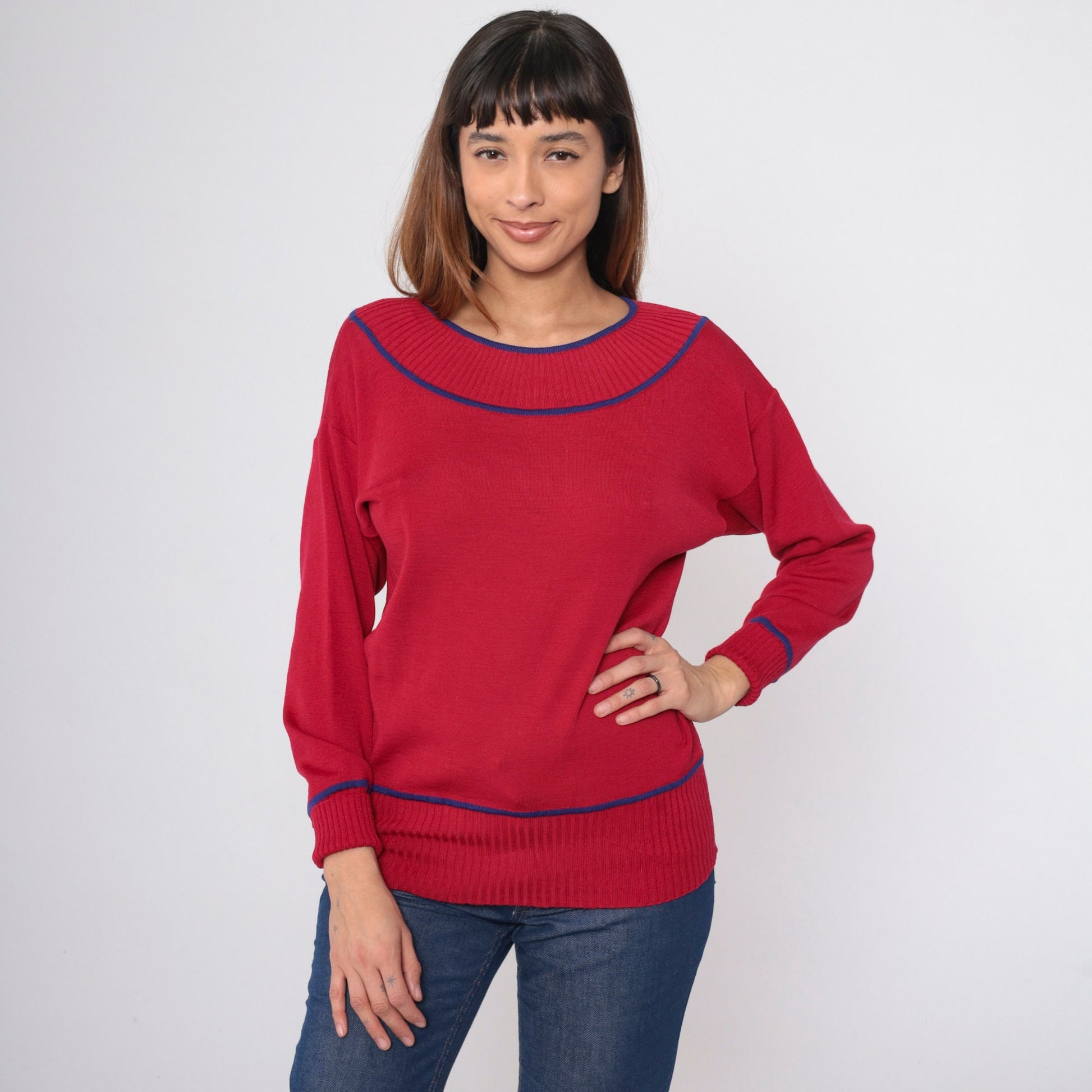 70s Goldworm Cherry Red Wool Sweater Blue Ringer Neck Pullover Small